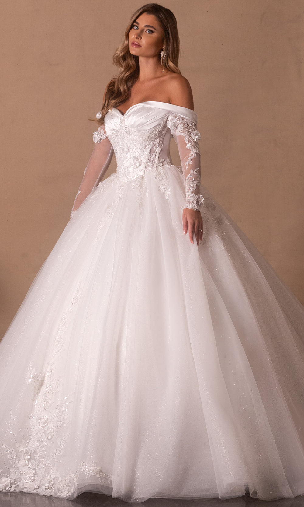 Rachel Allan Bridal RB6180 - Long Tulle, Glitter Tulle, Satin Ballgown Dress - Illusion Long Sleeves, Sweetheart, 3D Floral Appliques, Layered Skirt, Rachel Allan Bridal RB6180 - Long Tulle, Glitter Tulle, Satin Ballgown Dress - Illusion Long Sleeves, Sweetheart, 3D Floral Appliques, Layered Skirt,