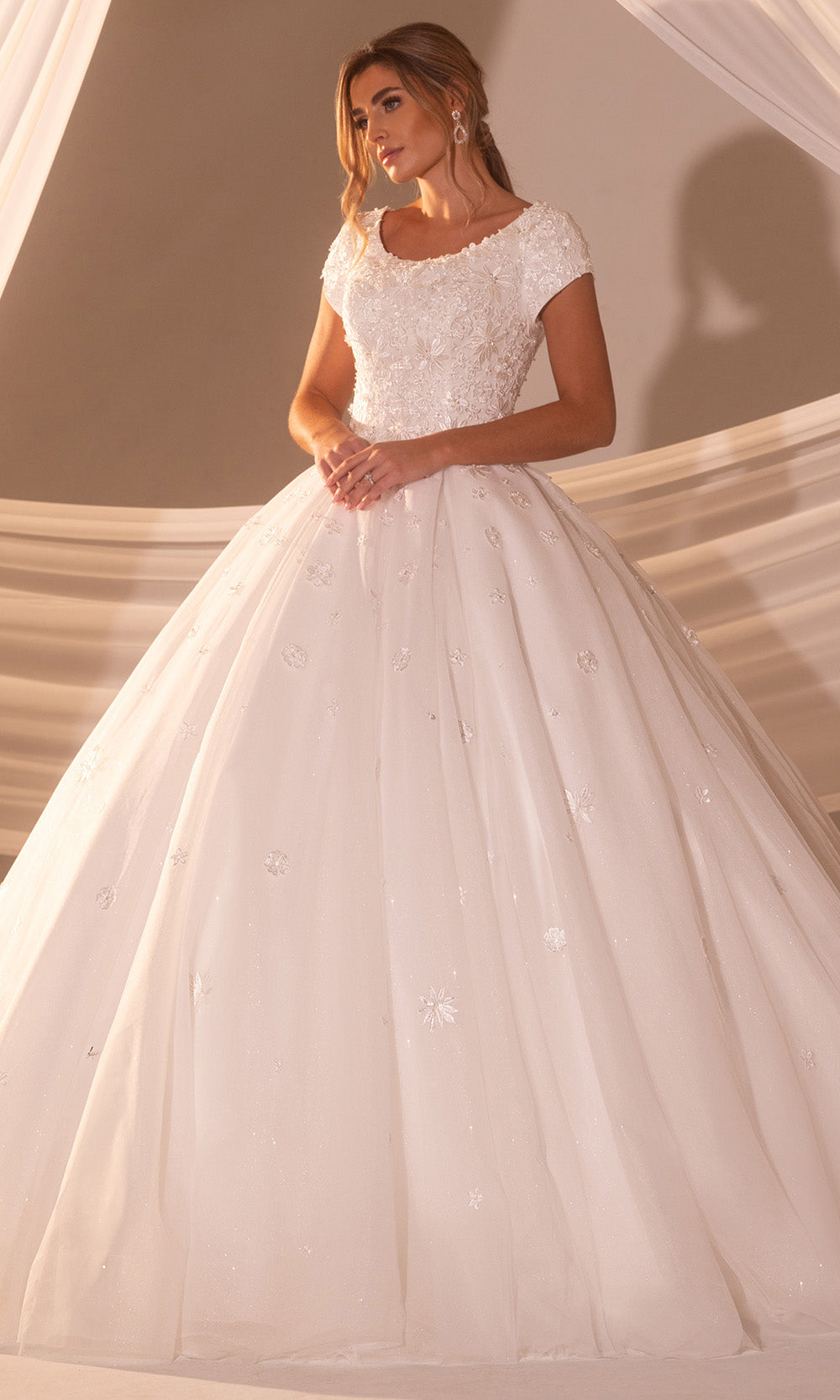 Rachel Allan Bridal RB7010 - Long Tulle, Glitter Tulle Ballgown Dress - Floral Appliques, Beading, Pleated Skirt, Scoop Back, Buttons Closure, Sweep Train ADASA Rachel Allan Bridal RB7010 - Long Tulle, Glitter Tulle Ballgown Dress - Floral Appliques, Beading, Pleated Skirt, Scoop Back, Buttons Closure, Sweep Train ADASA