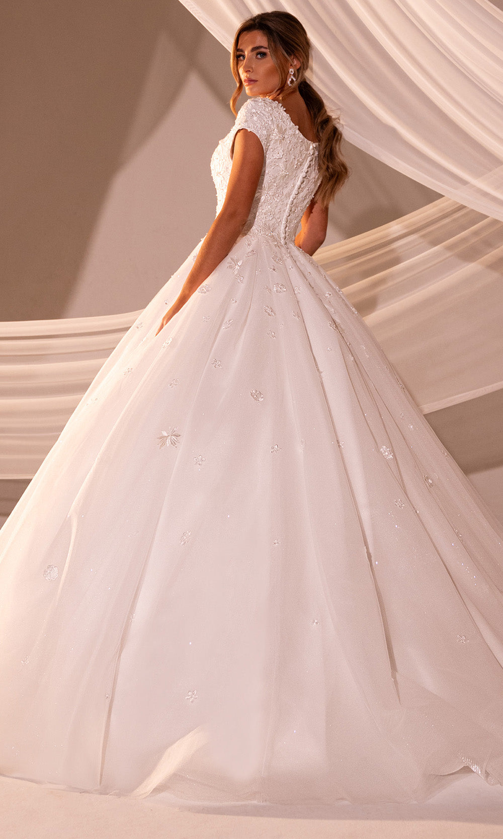 Rachel Allan RB7010 - Cap Sleeve Glitter Tulle Floral Gown Wedding Dresses