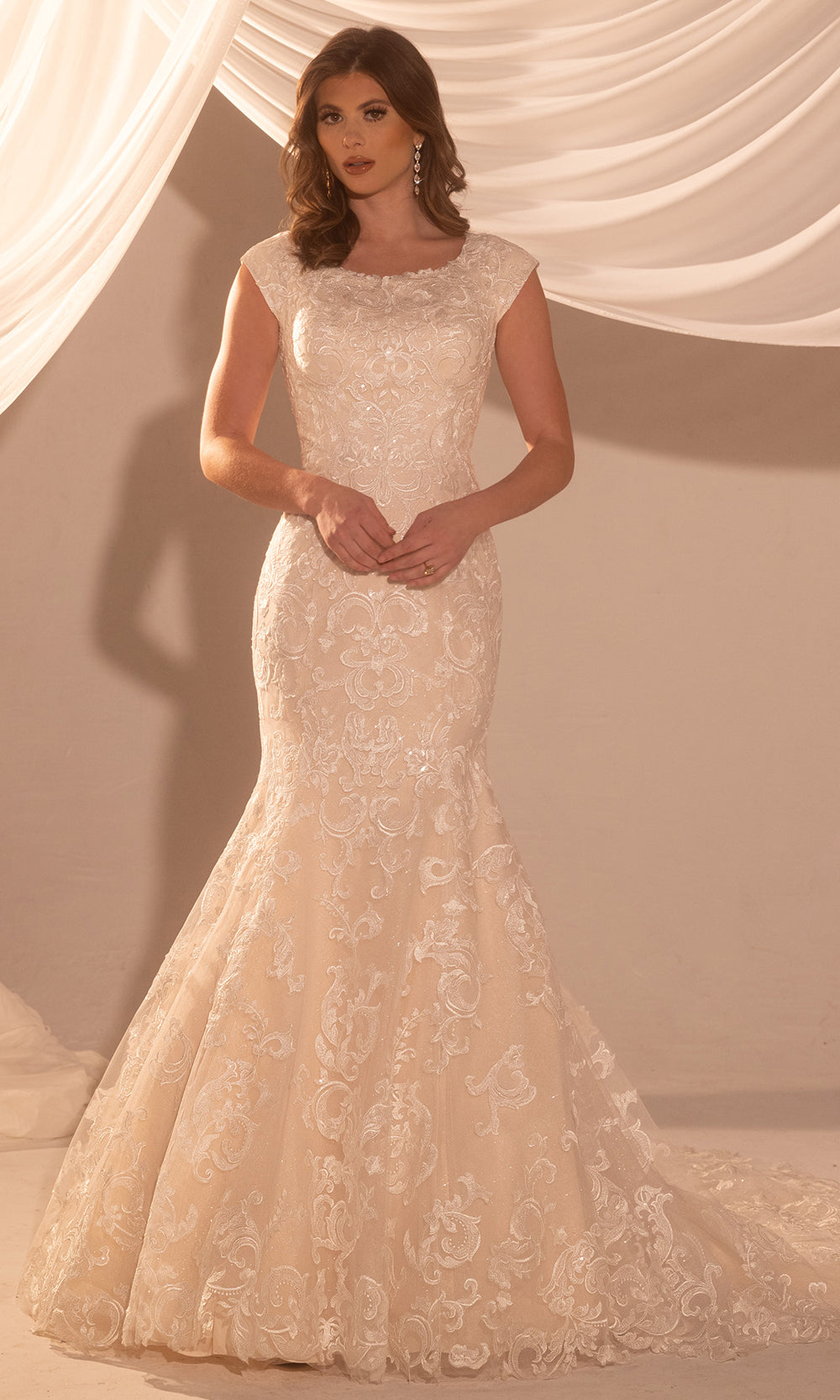 can you iron a bridesmaid dress Vintage Lace Cap Sleeve See Through Neckline Sheath Wedding Dresses,DB –  DaintyBridal main image 1
