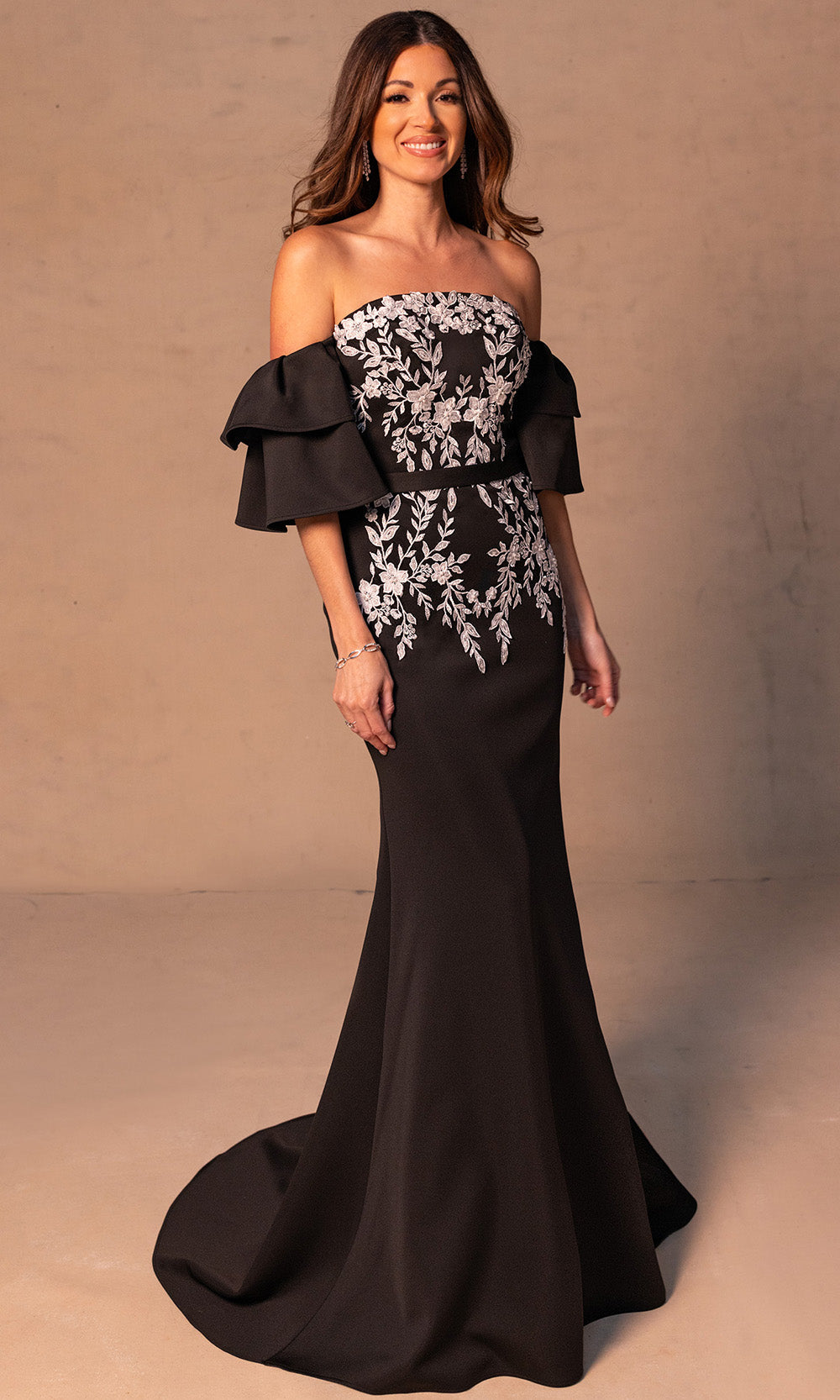 Rachel Allan RB8187 - Ruffled Sleeve Sheath Gown with Embroidery Mother of the Bride Dresses