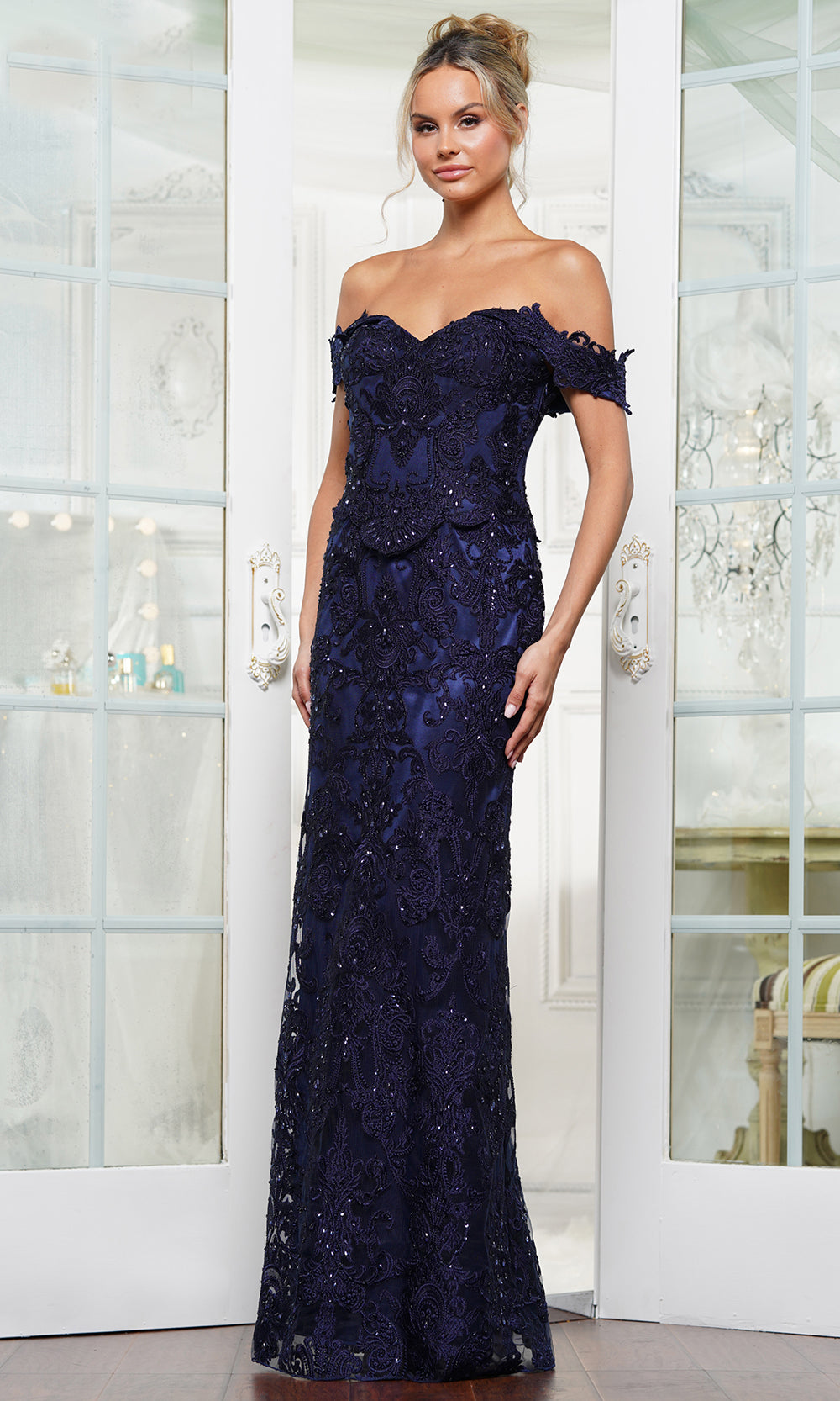 Rina Di Montella RD3144 - Long Lace Sheath Dress - Sweetheart, Cap Sleeve, Lace, Beaded, Scallop Edged, Peplum, Mid-Open Back, Fitted ADASA Rina Di Montella RD3144 - Long Lace Sheath Dress - Sweetheart, Cap Sleeve, Lace, Beaded, Scallop Edged, Peplum, Mid-Open Back, Fitted ADASA