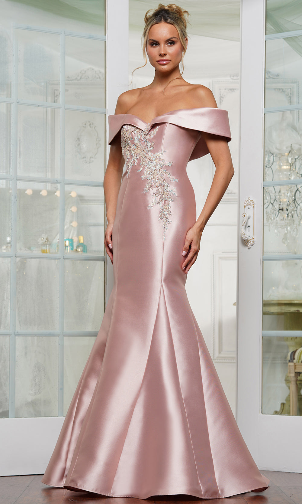 mikado mermaid dress T272004 Striking Mikado Mermaid Gown with Scoop Neckline and Sheer Illusion Back 3D Flowers