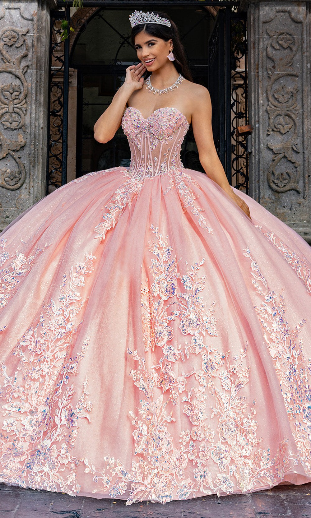 Rachel Allan RQ1169 - Long Tulle, Glitter Tulle Ballgown Dress - Strapless, Illusion Corset Bodice, Floral Embroidery, Beading, Sequin, Detachable Bodice Liner, Train ADASA Rachel Allan RQ1169 - Long Tulle, Glitter Tulle Ballgown Dress - Strapless, Illusion Corset Bodice, Floral Embroidery, Beading, Sequin, Detachable Bodice Liner, Train ADASA