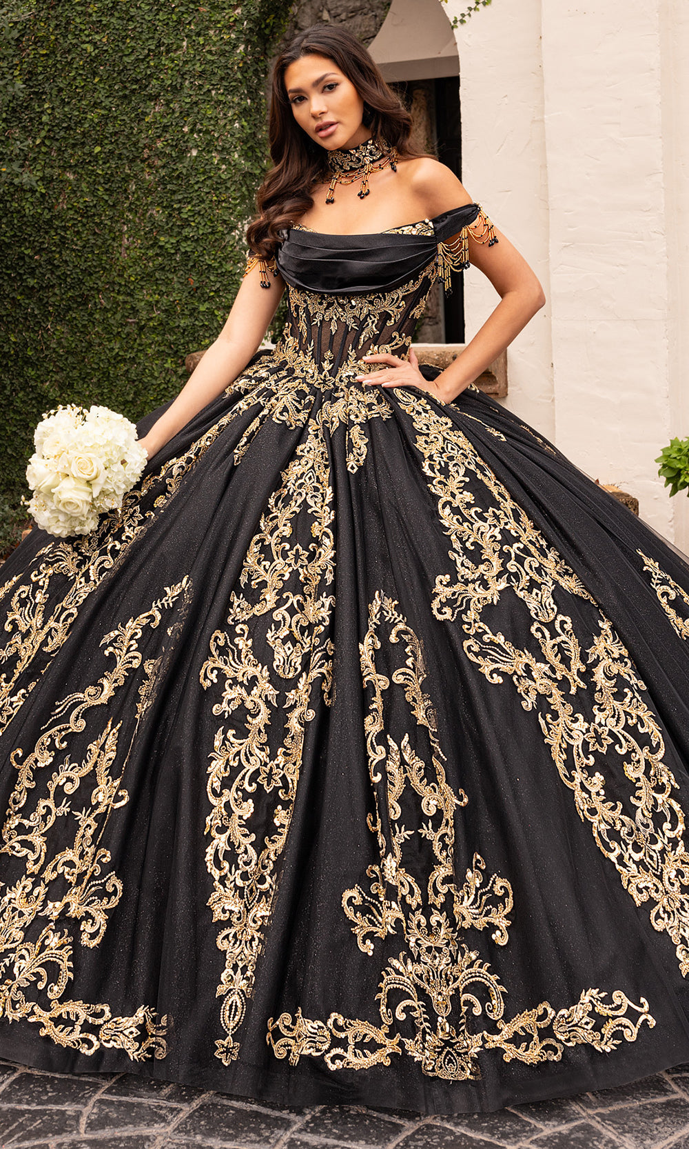 Rachel Allan RQ2230 - Long Tulle, Glitter Tulle, Crystal Satin Ballgown Dress - Off Shoulder Sleeves, Beaded, Fringes, Embroidery, Lace-Up Back, Detachable Necklace, Detachable Bodice Liner ADASA Rachel Allan RQ2230 - Long Tulle, Glitter Tulle, Crystal Satin Ballgown Dress - Off Shoulder Sleeves, Beaded, Fringes, Embroidery, Lace-Up Back, Detachable Necklace, Detachable Bodice Liner ADASA