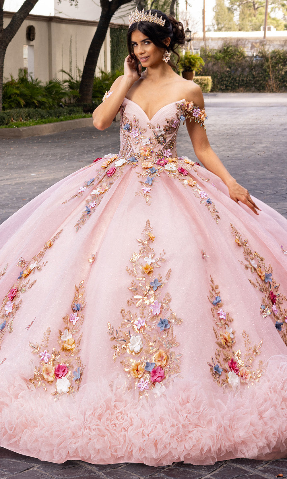 Rachel Allan RQ6000 - Long Tulle, Glitter Tulle Ballgown Dress - 3D Flowers, Off-Shoulder Sleeves, Ruffle Hem, Corset Bodice, Embroidery, Beaded, Sequin, Detachable Bodice Liner ADASA Rachel Allan RQ6000 - Long Tulle, Glitter Tulle Ballgown Dress - 3D Flowers, Off-Shoulder Sleeves, Ruffle Hem, Corset Bodice, Embroidery, Beaded, Sequin, Detachable Bodice Liner ADASA
