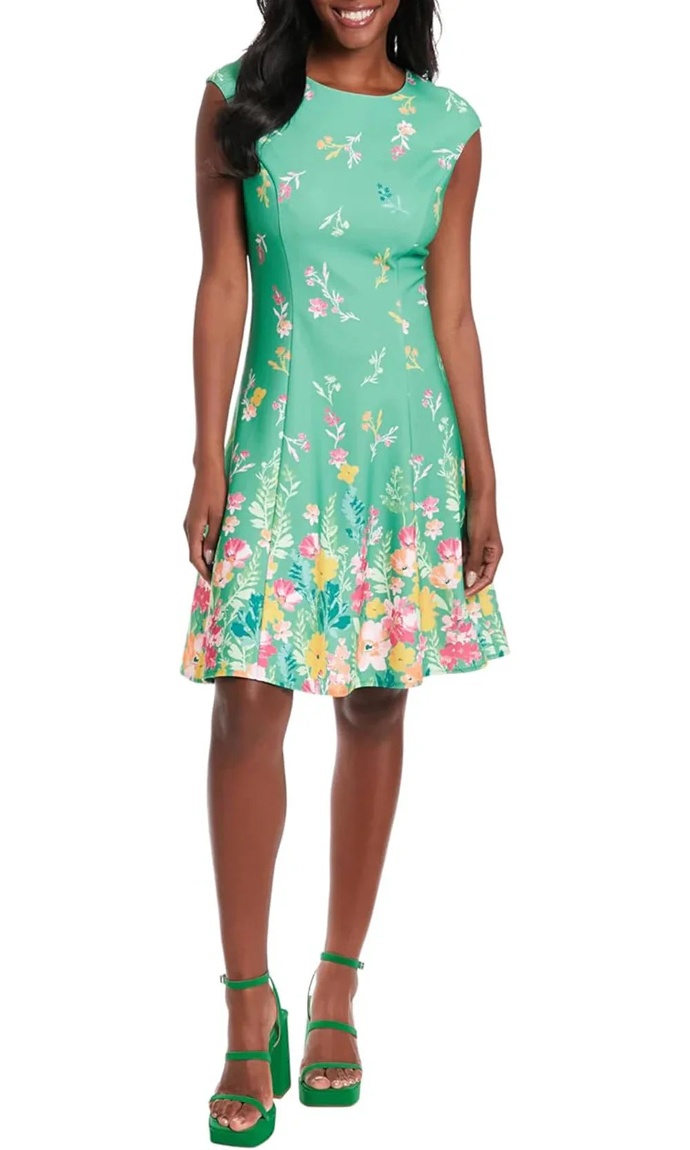 London Times T7431M - Jewel Neck Floral Knee-Length Dress Homecoming Dresses
