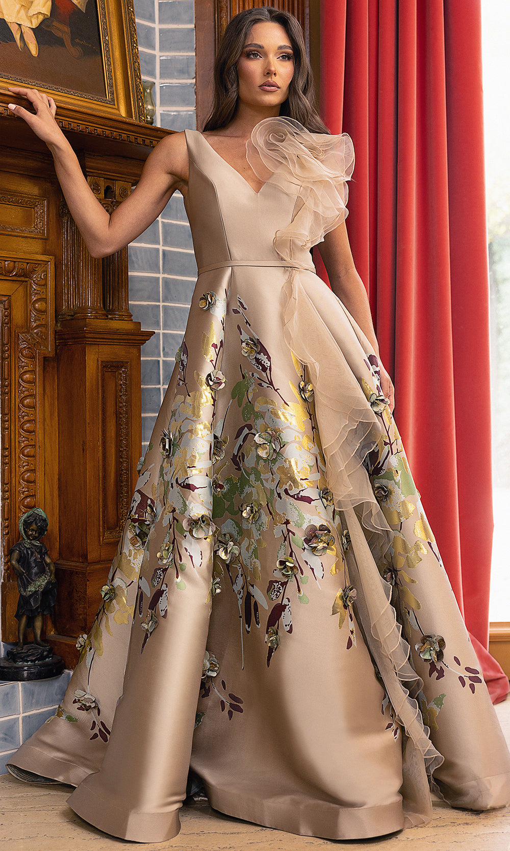 Terani Couture 242M3369 - V-Neck Fitted Bodice Prom Gown Ball Gowns 00 / Taupe