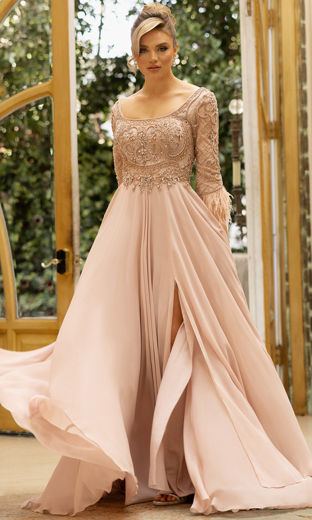 Terani Couture 242M3390 - Long A-Line Dress - Feather Details, Quarter Sleeves, Pleated,, Beaded, Hook and Eye, Back Zipper Closure, Train ADASA Terani Couture 242M3390 - Long A-Line Dress - Feather Details, Quarter Sleeves, Pleated,, Beaded, Hook and Eye, Back Zipper Closure, Train ADASA