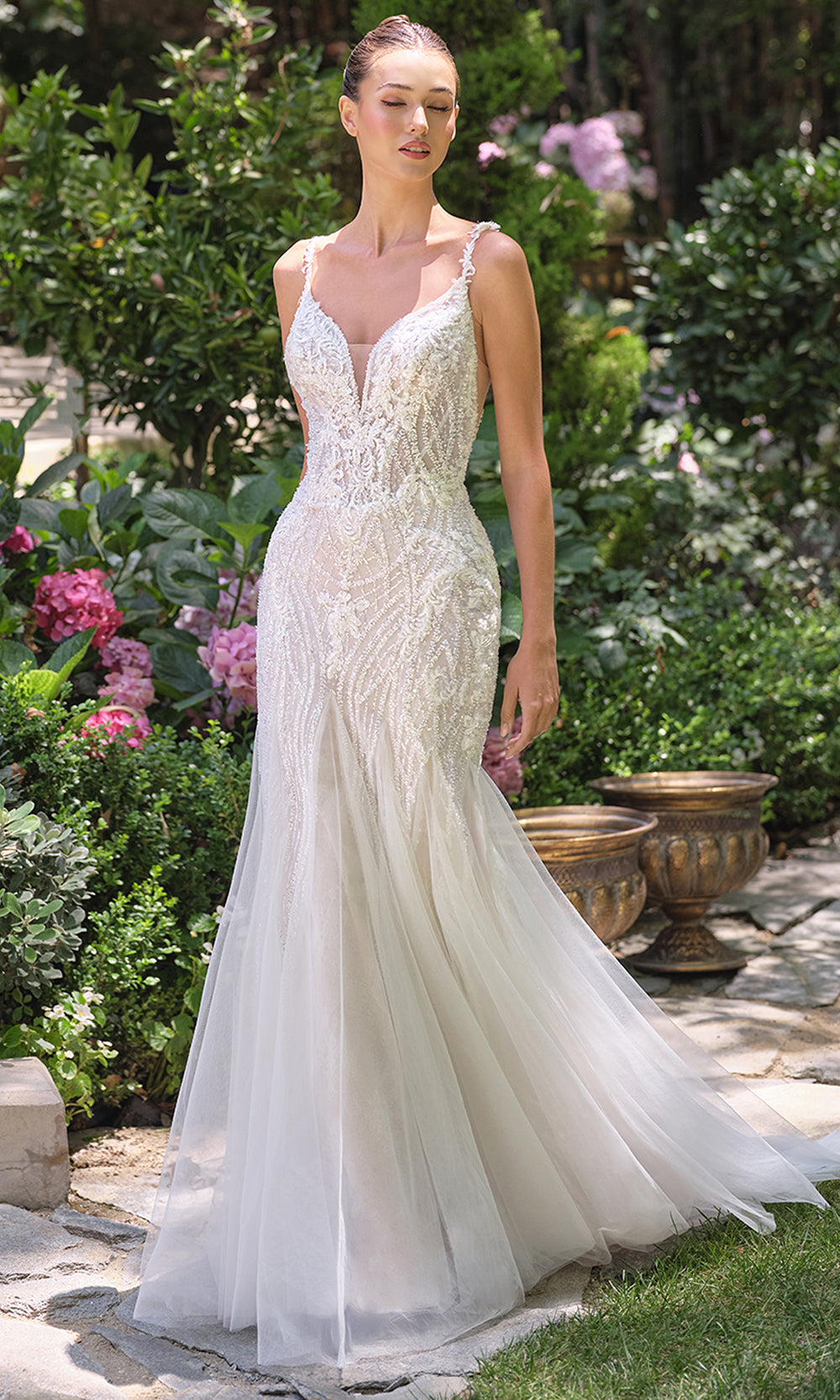 mermaid dress with tulle overlay AMARRA 89494 Spaghetti Strap V-Neck Illusion Corset Beaded Lace Mermaid Gown with Tulle Overlay & Sweep Train