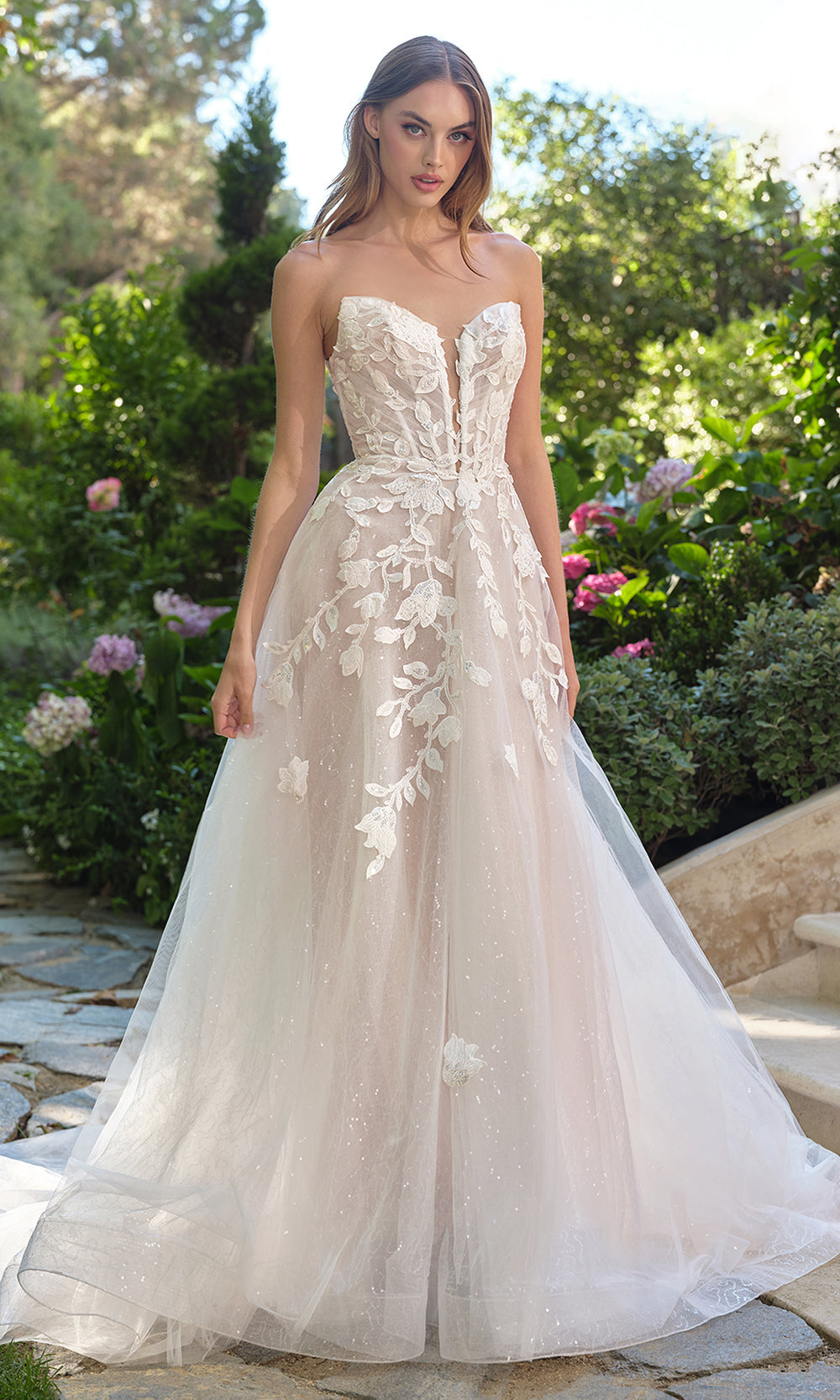 Andrea and Leo WL070 - Long Sparkling Tulle, Layered Skirt With Dimensional Lace Appliqué A-Line Dress