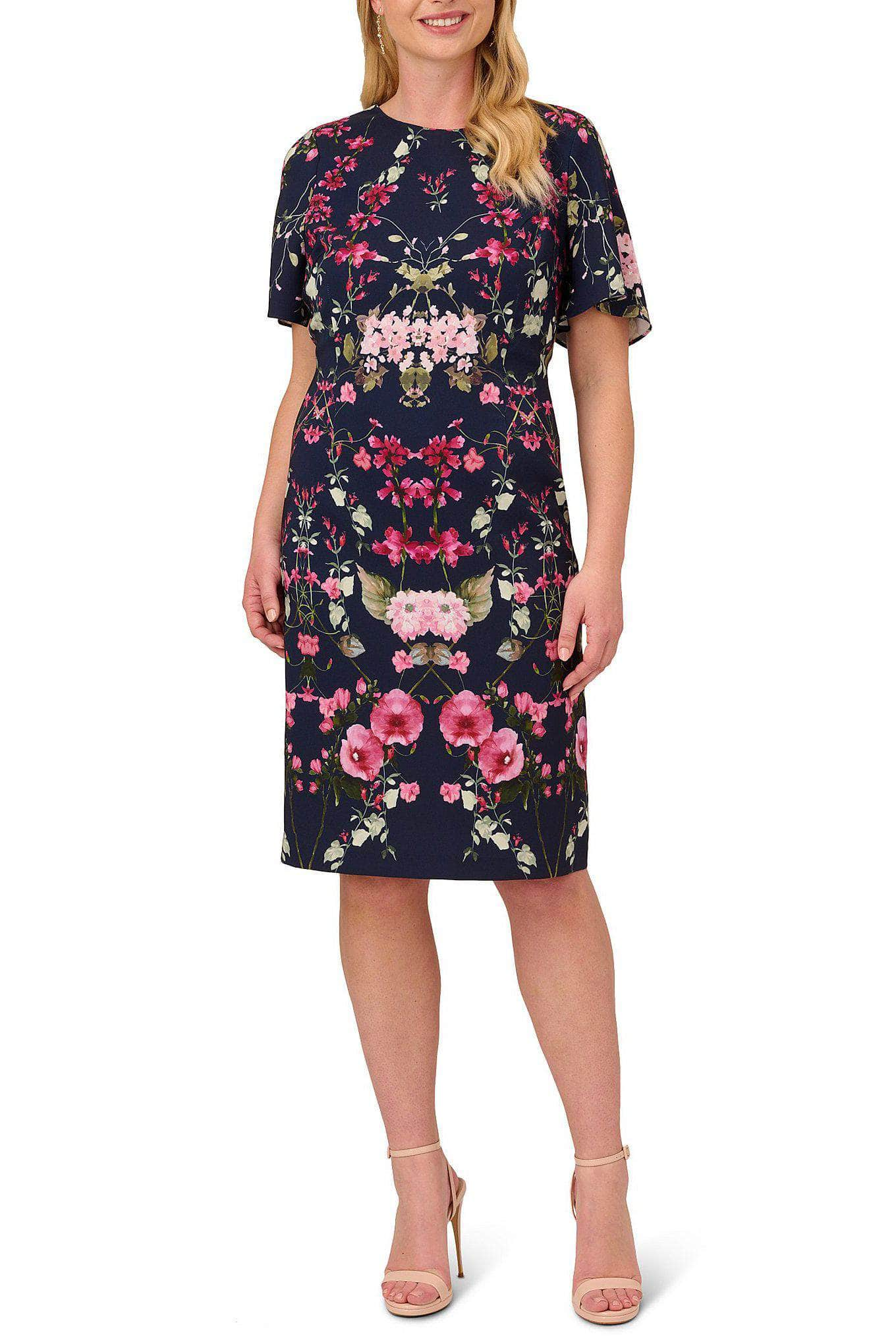 Adrianna Papell Pink retailer Multi Black Floral Print Long Sleeve V-Neck Dress 10