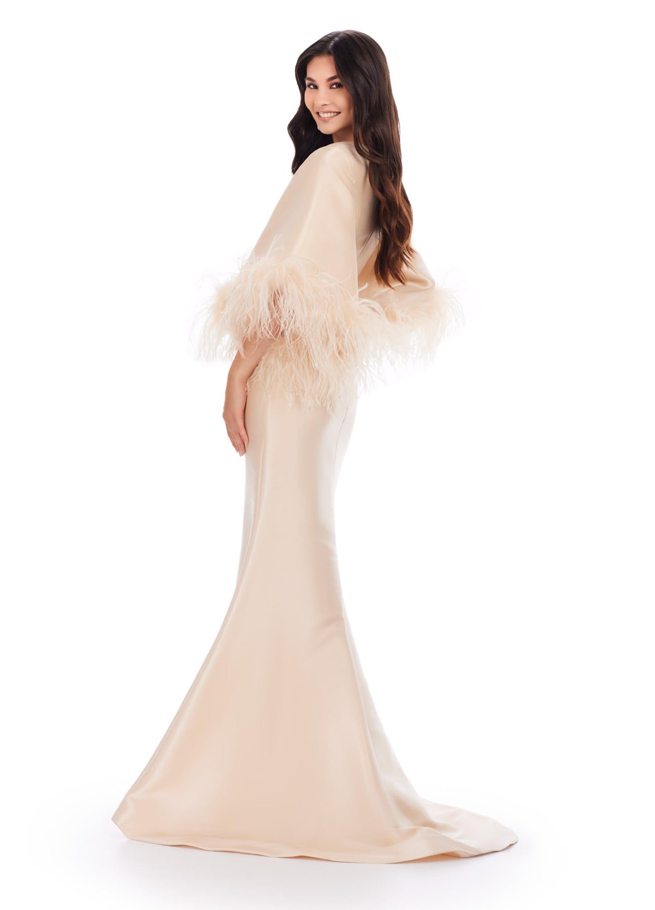 Ashley Lauren 11381 - Feather Trimmed Trumpet Gown In Neutral