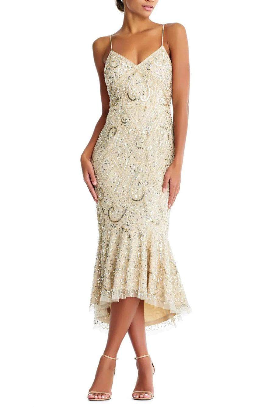 Aidan Mattox MD1E203330 - Tea-Length Embellished Mesh Sheath Dress - Spaghetti Strap, Beaded, Sequin, Mid-Open Back, Zipper Back, Flutter Hem, Bodycon ADASA Aidan Mattox MD1E203330 - Tea-Length Embellished Mesh Sheath Dress - Spaghetti Strap, Beaded, Sequin, Mid-Open Back, Zipper Back, Flutter Hem, Bodycon ADASA