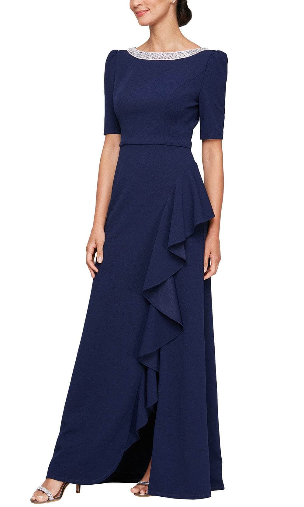 Alex Evenings Women's Embellished-Neck Ruffle Gown - Navy - Size 4 Alex Evenings Women's Embellished-Neck Ruffle Gown - Navy - Size 4