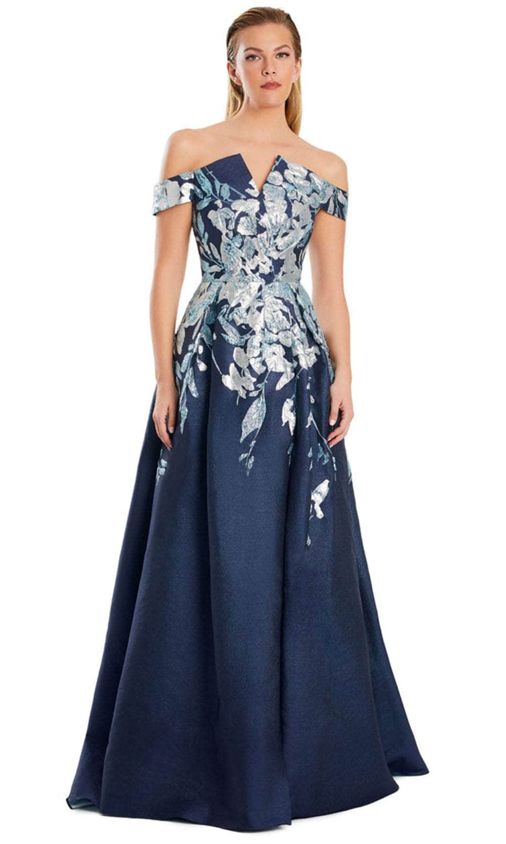 Alexander by Daymor 3097S25 - Pleated Skirt Off Shoulder Dress Mother of the Bride Dresses 4 /  Navy/Multi