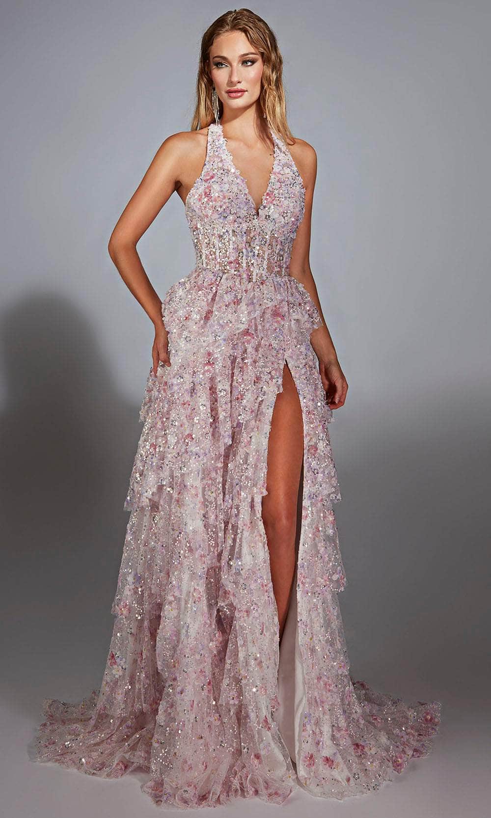 Alyce Paris 61740 - Ruffled Skirt Floral Evening Gown Prom Dresses 000 /  Pink