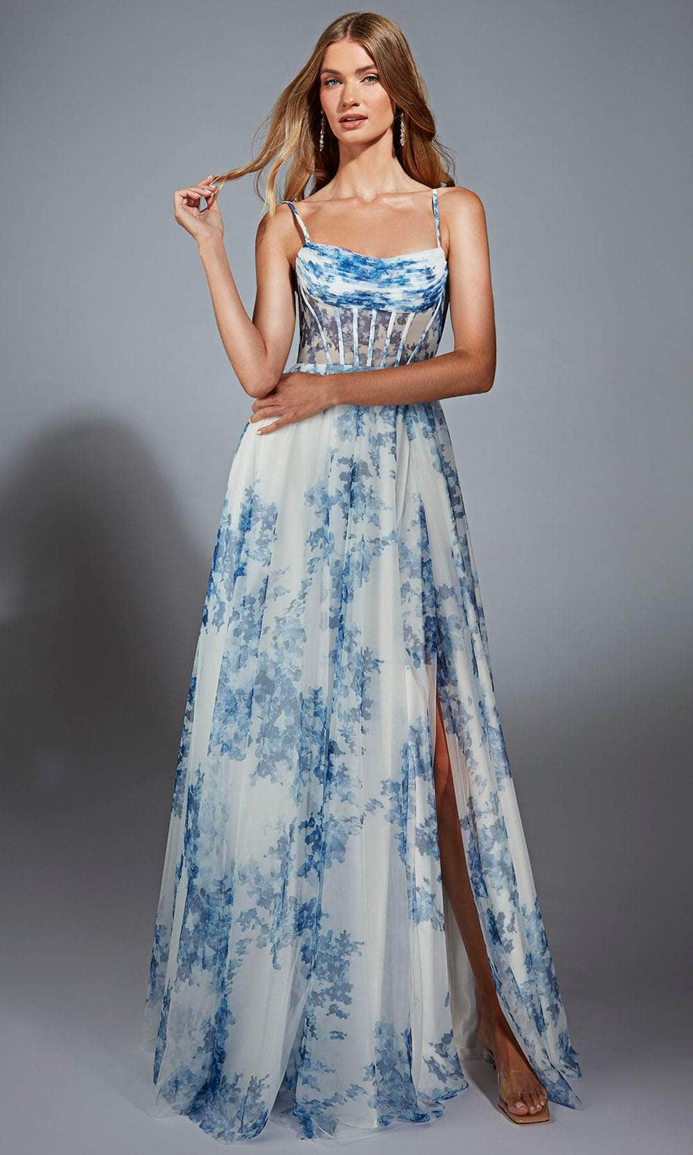 Alyce Paris 61752 - Long Mesh Print A-line Dress - Floral Print, Spaghetti Straps, Sheer Corset Bodice, High Slit ADASA Alyce Paris 61752 - Long Mesh Print A-line Dress - Floral Print, Spaghetti Straps, Sheer Corset Bodice, High Slit ADASA