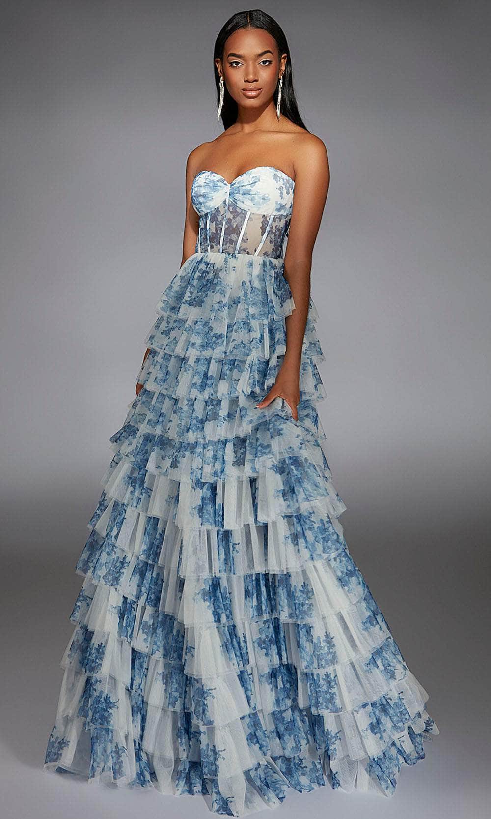 knee length dresses for ladies Alyce Paris 61752 - Long Mesh Print A-Line Dress main image 0