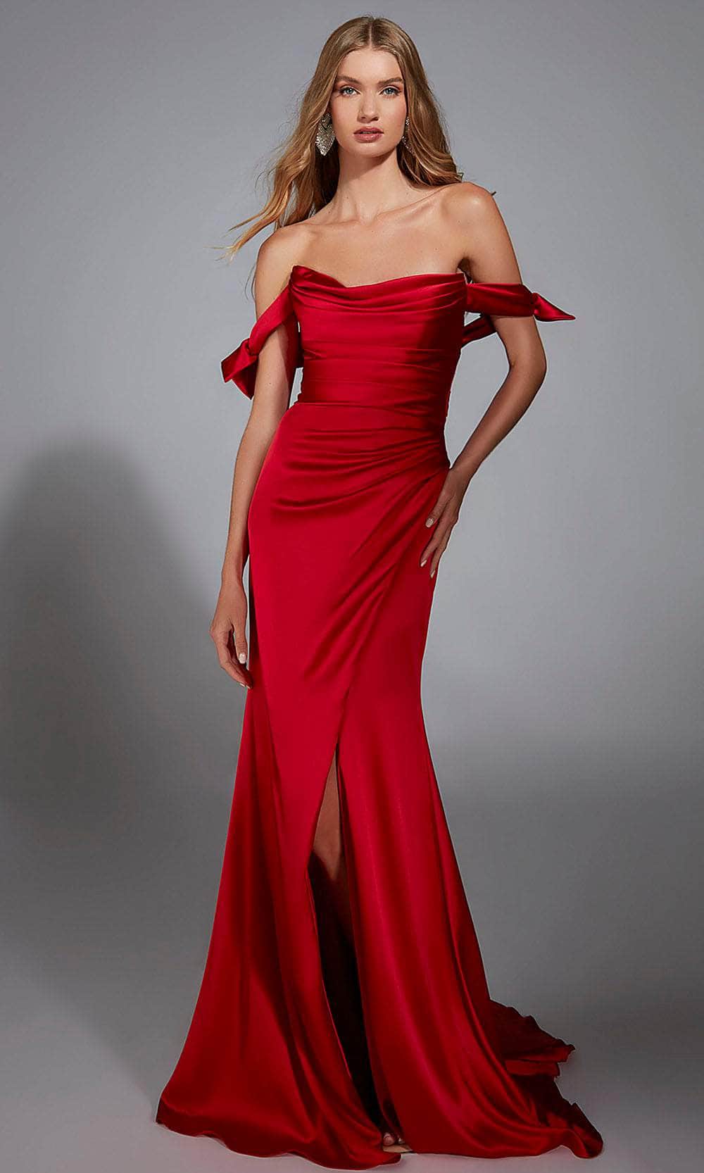 Alyce Paris 61826 - Long Charmeuse Sheath Dress - Strapless, Ruched Bodice, Detachable Off-Shoulder Sleeves, High Slit ADASA Alyce Paris 61826 - Long Charmeuse Sheath Dress - Strapless, Ruched Bodice, Detachable Off-Shoulder Sleeves, High Slit ADASA