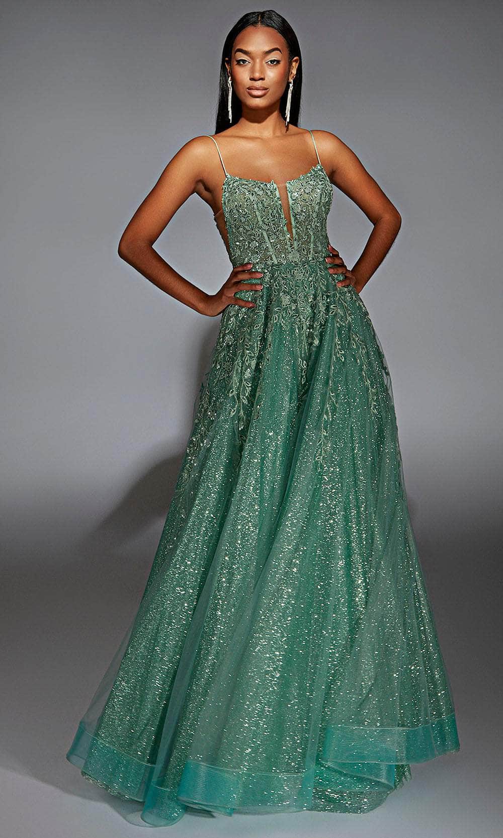 Alyce Paris 61915 - Long Glitter Tulle/Lace A-line Dress - Sequin, Floral Embroidery, Spaghetti Straps, Lace-Up Back ADASA Alyce Paris 61915 - Long Glitter Tulle/Lace A-line Dress - Sequin, Floral Embroidery, Spaghetti Straps, Lace-Up Back ADASA