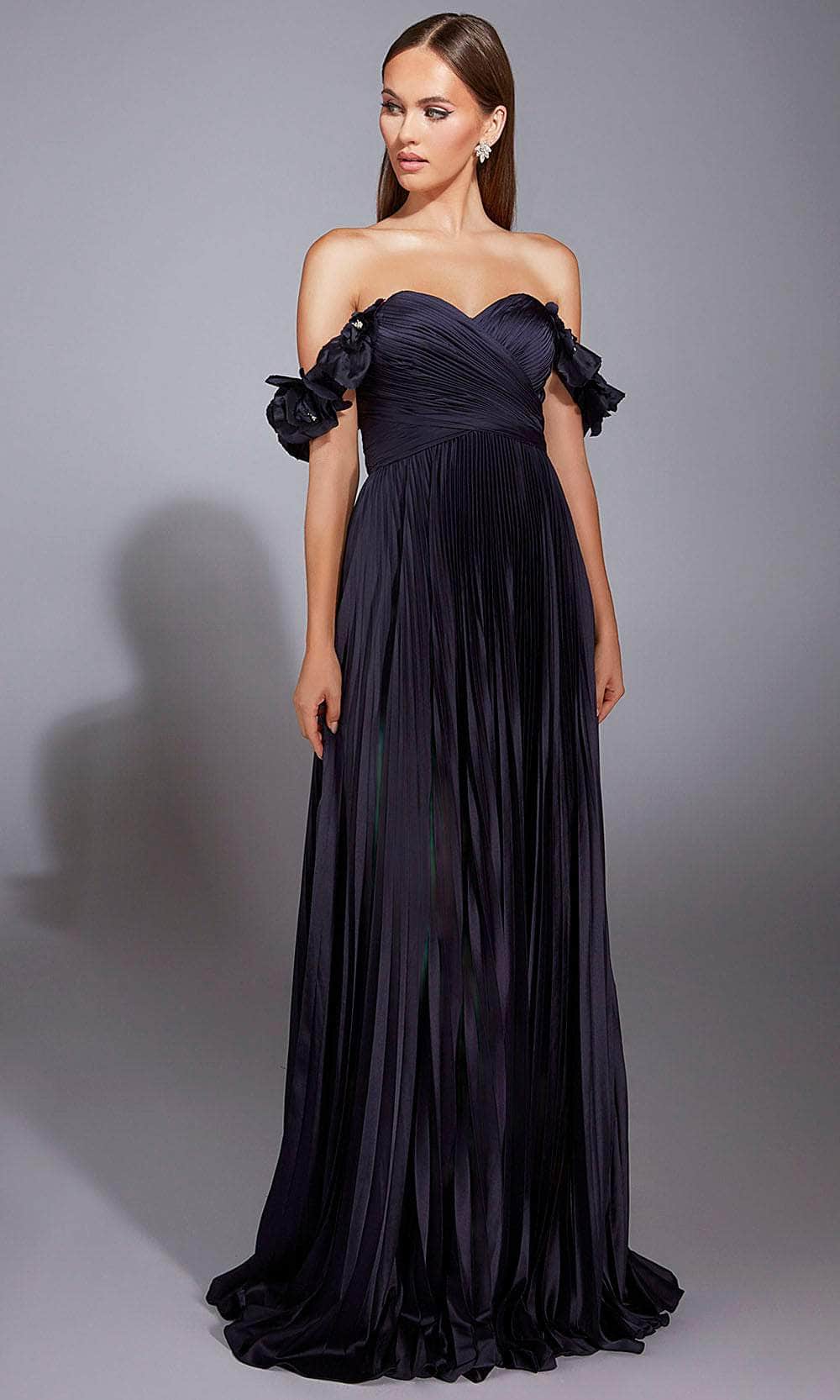 Alyce Paris 61946 - Long Satin Chiffon A-line Dress - Off-Shoulder Sleeves, 3D Floral Applique, Ruched Bodice, Pleated ADASA Alyce Paris 61946 - Long Satin Chiffon A-line Dress - Off-Shoulder Sleeves, 3D Floral Applique, Ruched Bodice, Pleated ADASA