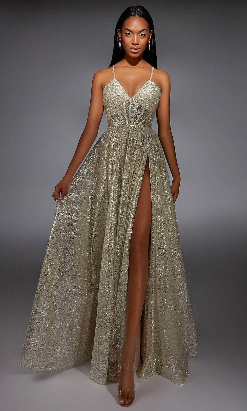 Alyce Paris 61973 - Long Crystal Ice A-line Dress - Illusion Corset Bodice, Ruched, Glitters, Spaghetti Straps, High Slit ADASA Alyce Paris 61973 - Long Crystal Ice A-line Dress - Illusion Corset Bodice, Ruched, Glitters, Spaghetti Straps, High Slit ADASA