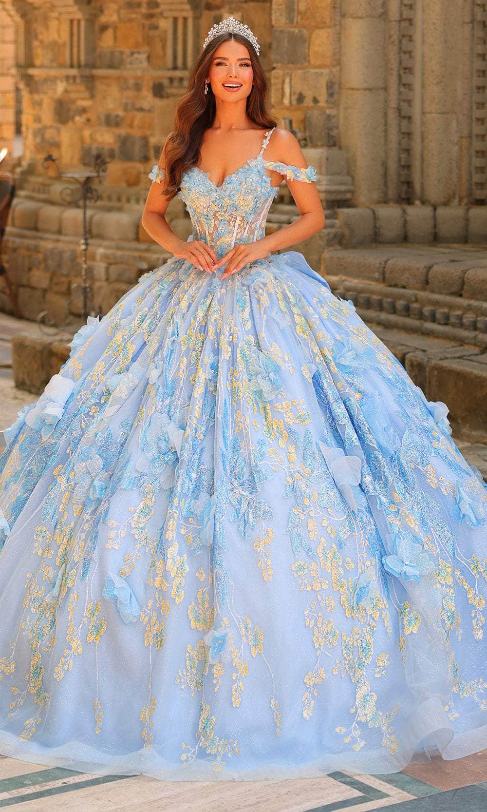 Amarra 54232 - Long Glitter Tule Ballgown Dress - Sheer Corset Bodice, 3D Floral Appliques, Beaded, Glitter Print, Midrise Lace-Up Back, Detachable Amarra 54232 - Long Glitter Tule Ballgown Dress - Sheer Corset Bodice, 3D Floral Appliques, Beaded, Glitter Print, Midrise Lace-Up Back, Detachable