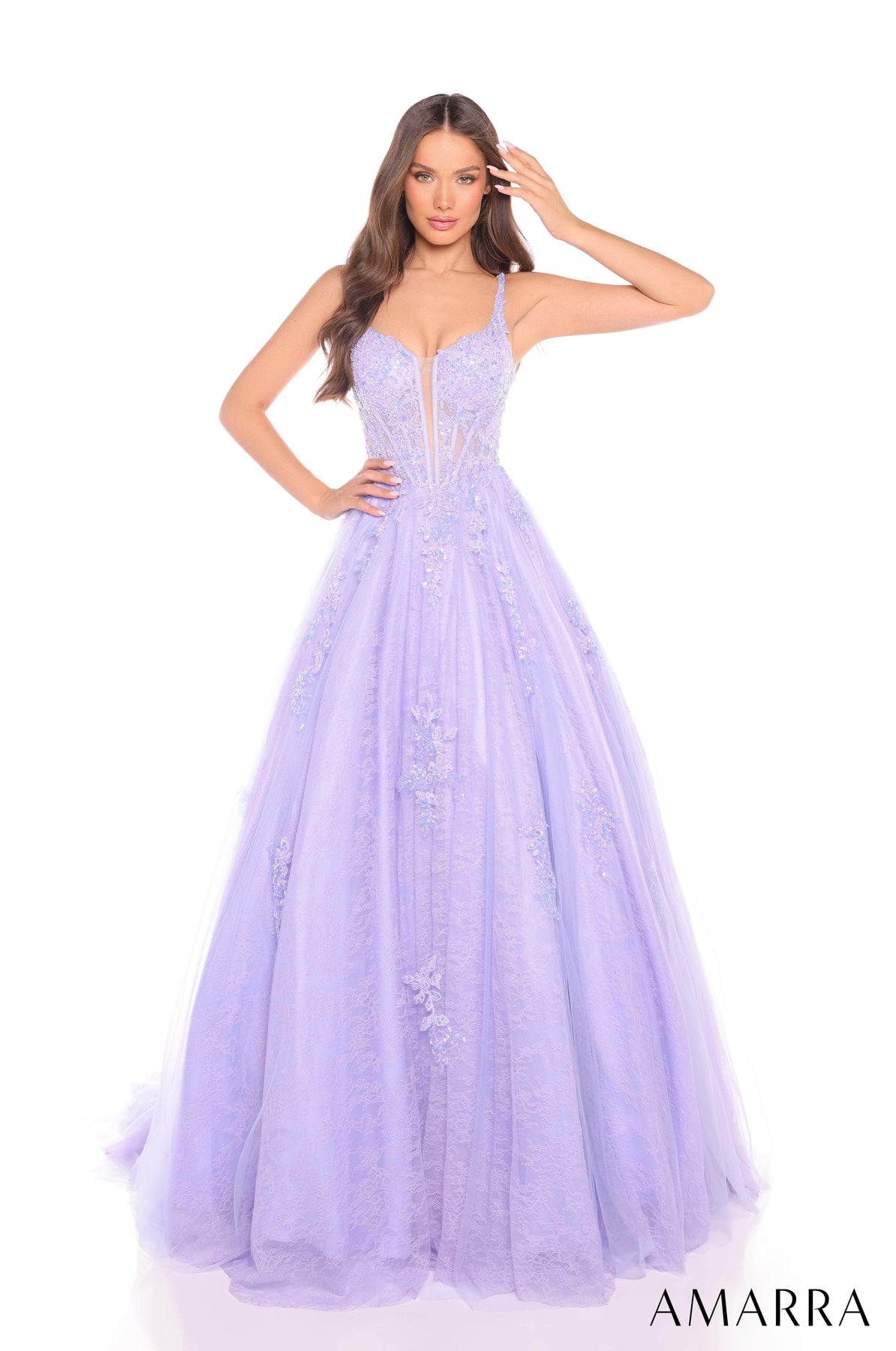 Amarra 88219 - Deep V-Neck Sequin Tulle Ballgown Prom Dresses 000 /  Lilac
