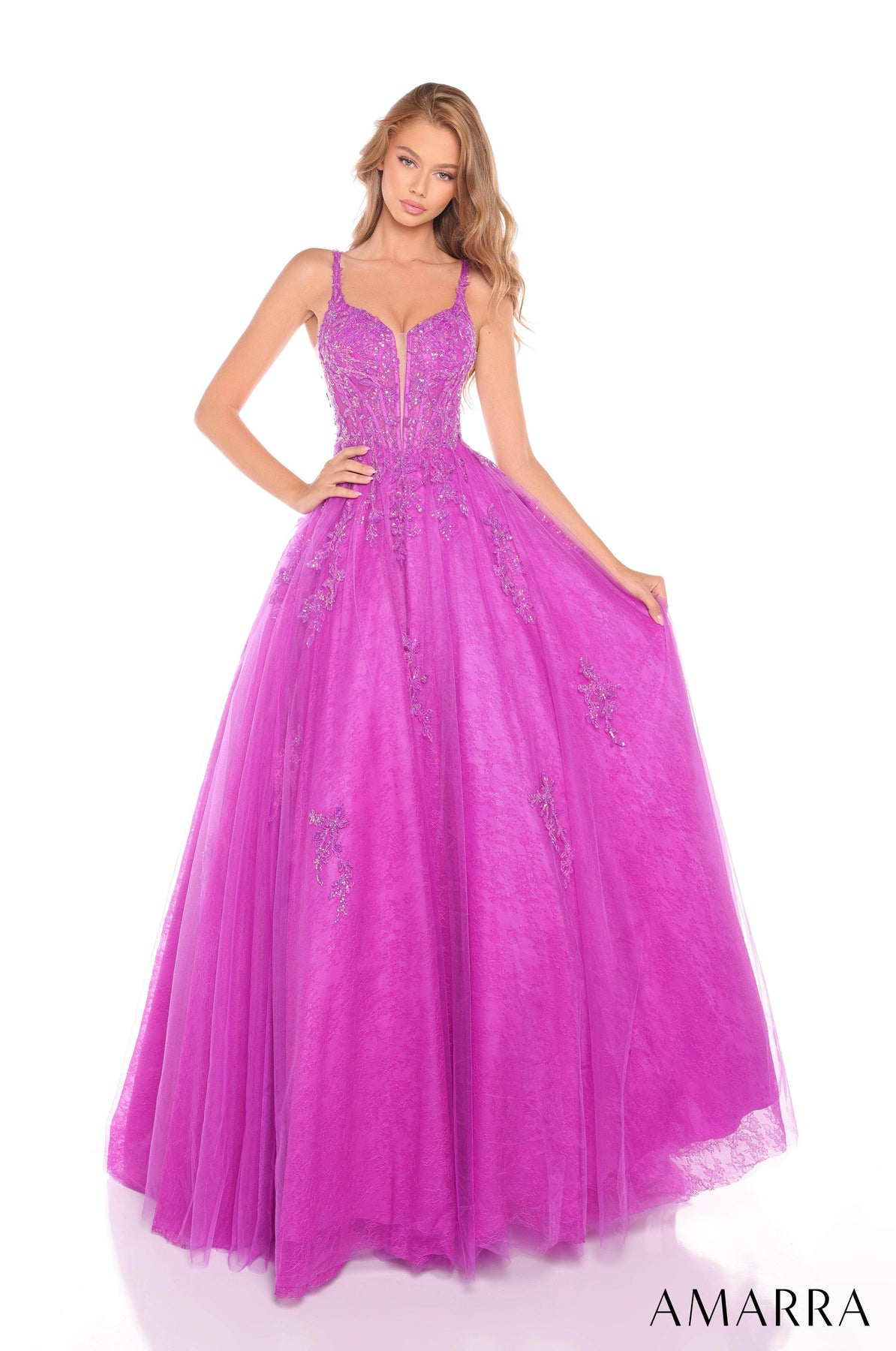 Amarra 88219 - Deep V-Neck Sequin Tulle Ballgown Prom Dresses 000 /  Magenta
