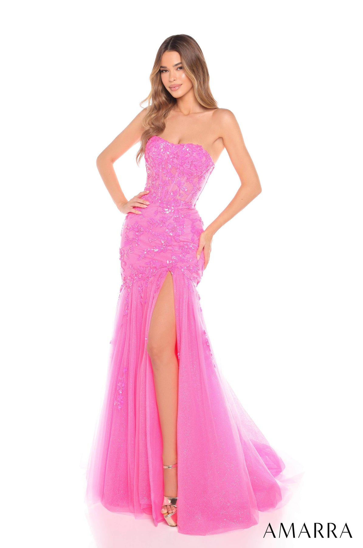 Amarra 88232 - Sweetheart Neck Sequin Tulle Gown Evening Dresses 000 /  Fuchsia
