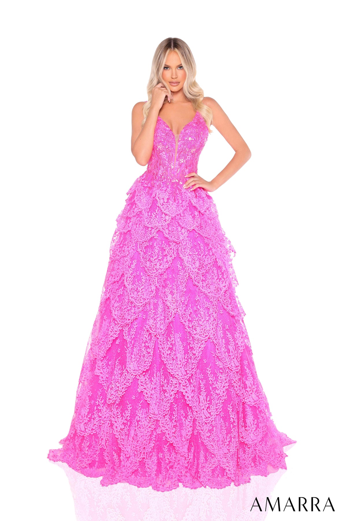 Amarra 88265 - Tiered Lace A-Line Dress Prom Dresses 000 /  Barbie Pink