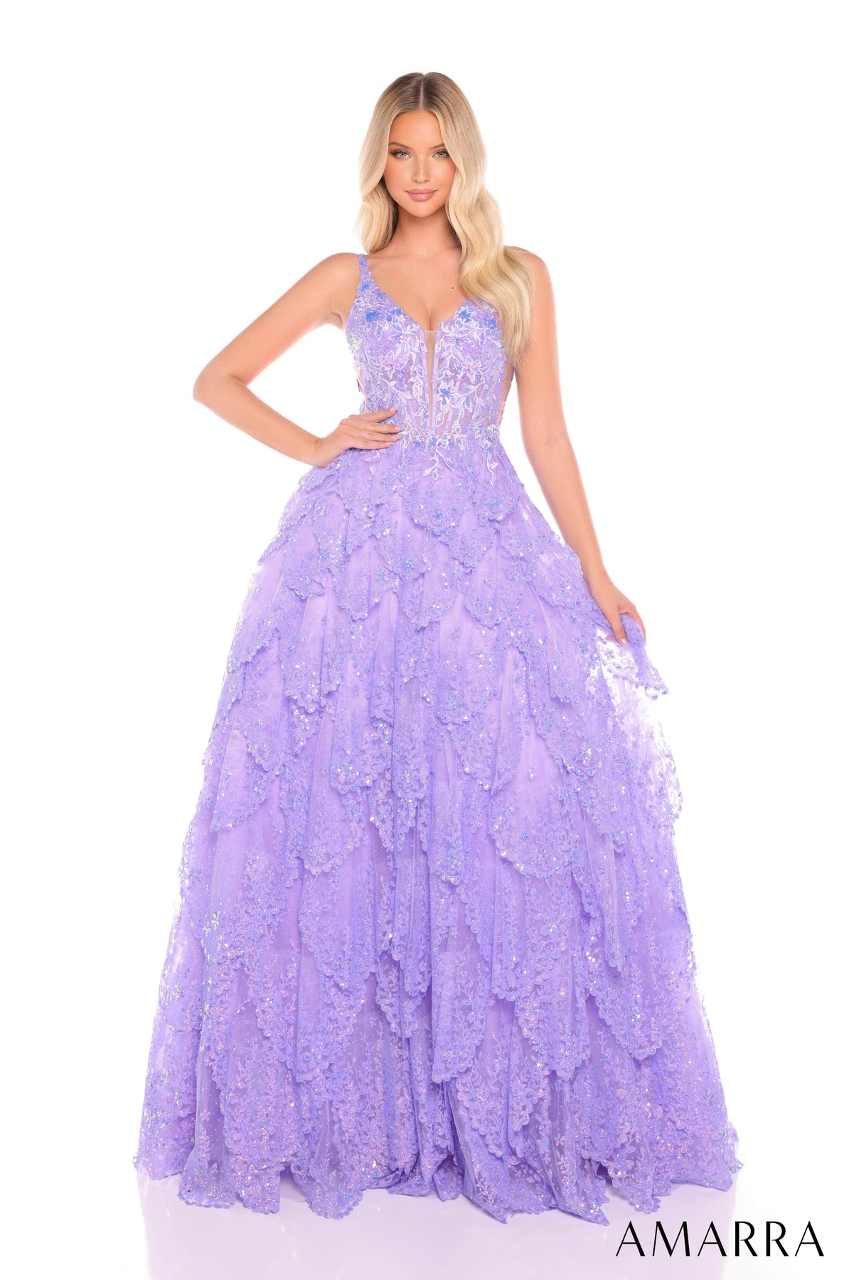 Amarra 88265 - Tiered Lace A-Line Dress Prom Dresses 000 /  Lilac