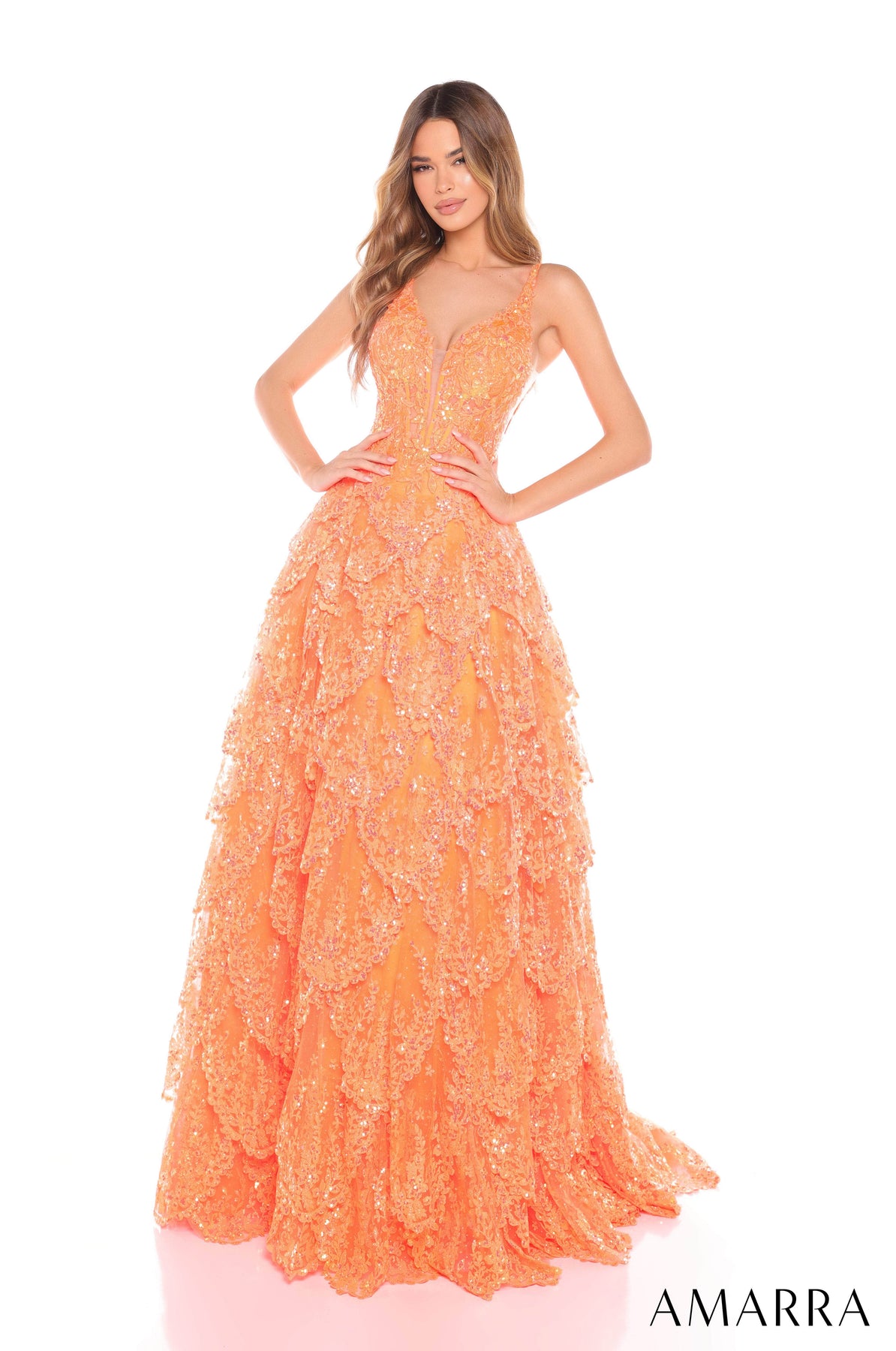 Amarra 88265 - Tiered Lace A-Line Dress Prom Dresses 000 /  Orange