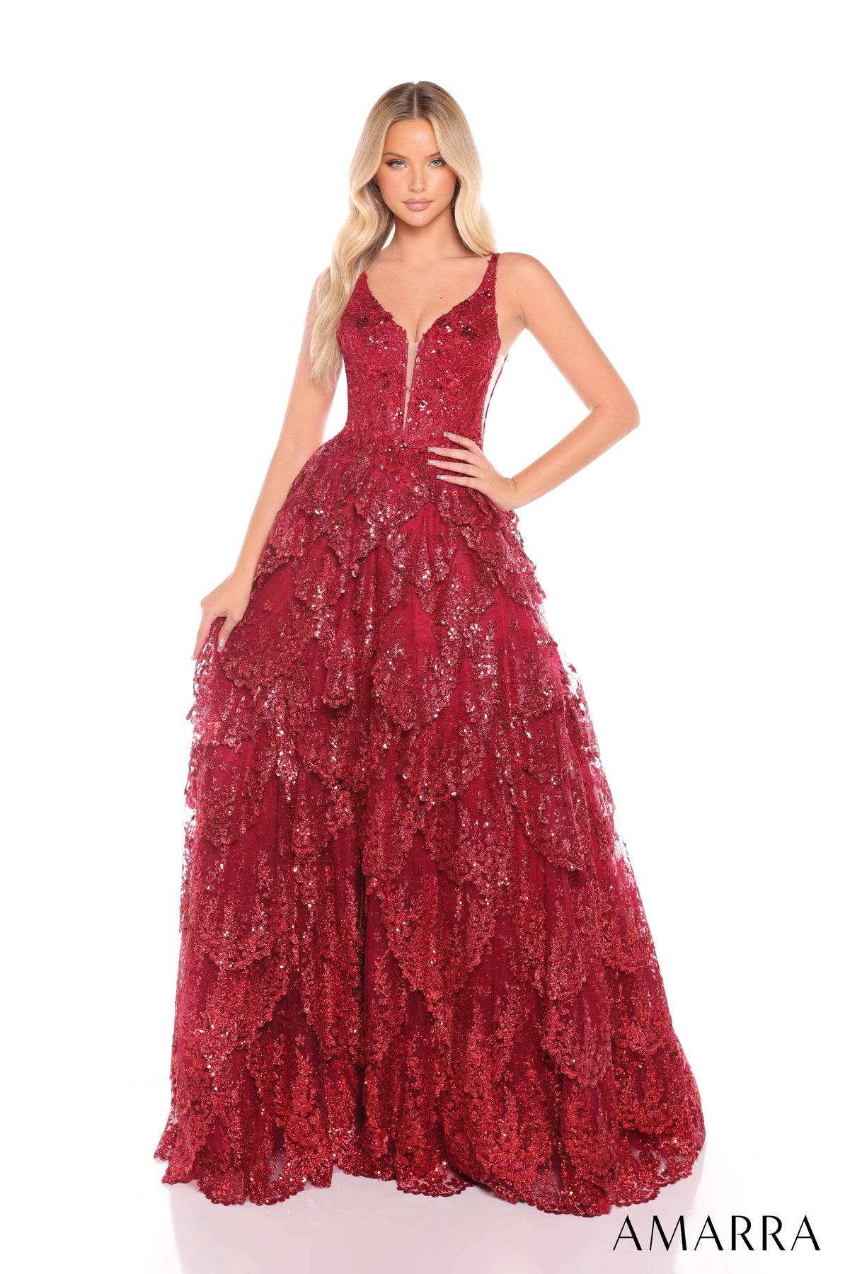 Amarra 88265 - Tiered Lace A-Line Dress Prom Dresses 000 /  Wine