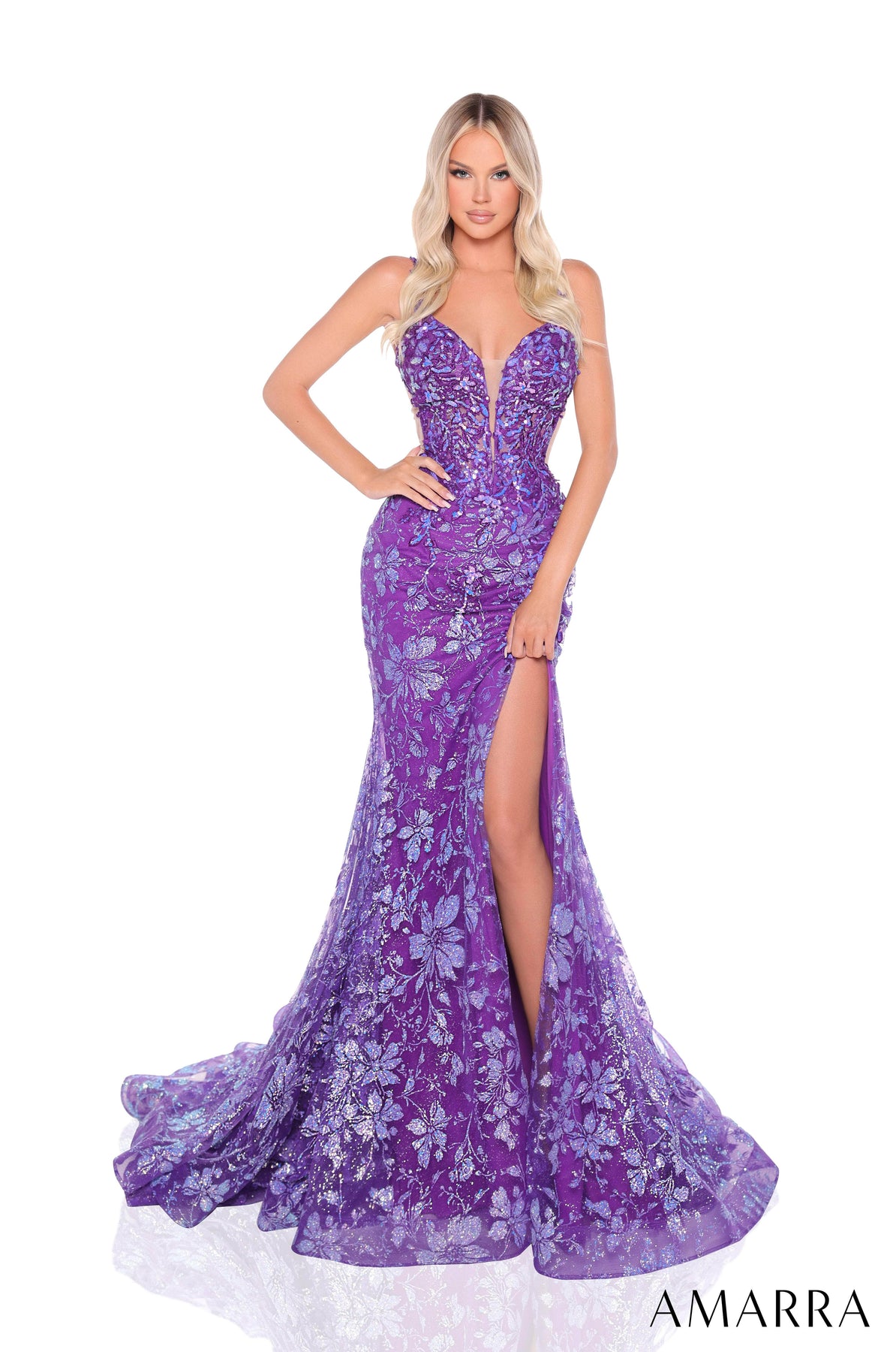 Amarra 88275 - Romantic Sequin Bodice V-Neck Gown Prom Dresses 000 /  Purple