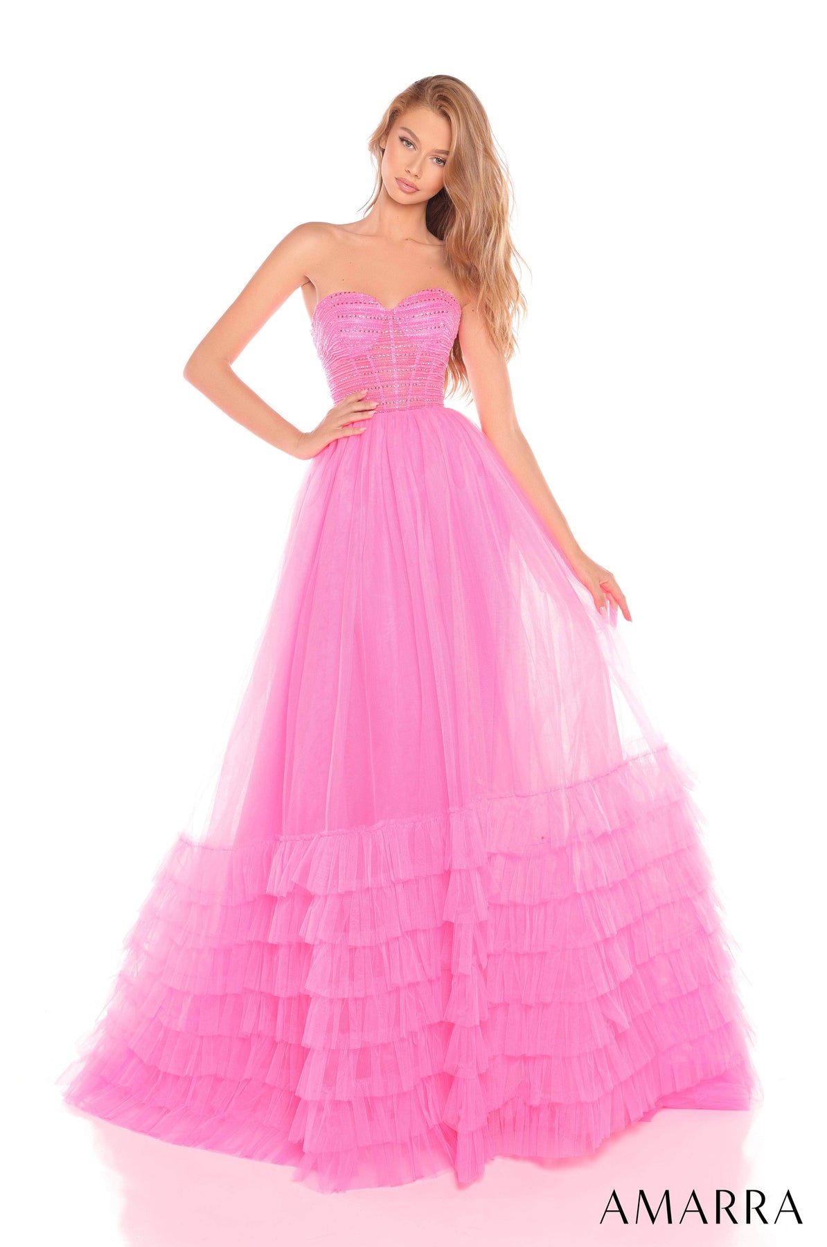 Amarra 88277 - Strapless Sweetheart Layered Gown Prom Dresses 000 /  Hot Pink
