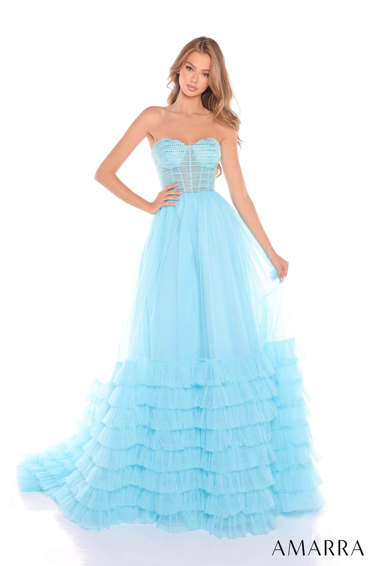 Amarra 88277 - Strapless Sweetheart Layered Gown Prom Dresses 000 /  Light Blue