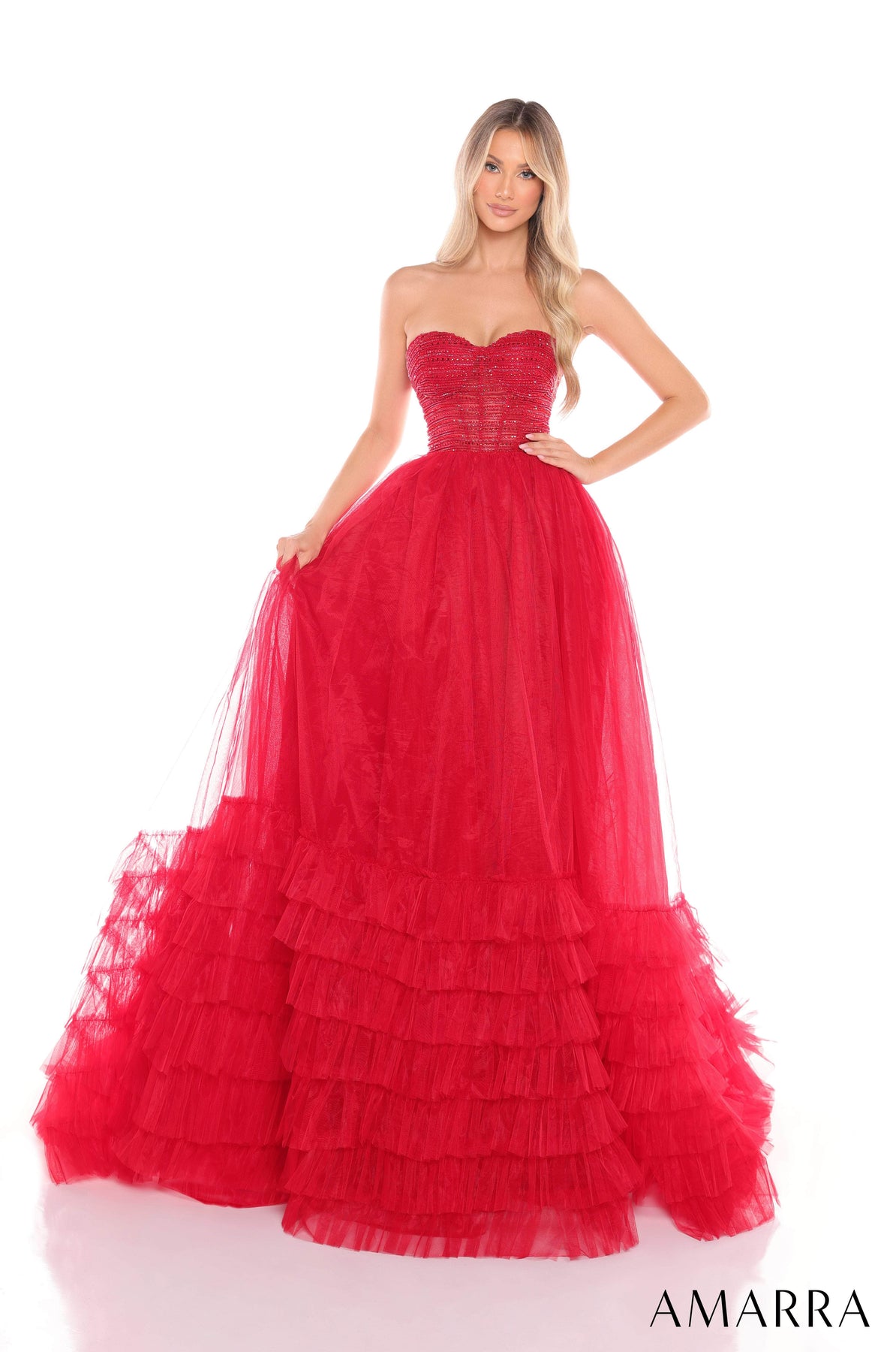 Amarra 88277 - Strapless Sweetheart Layered Gown Prom Dresses 000 /  Red