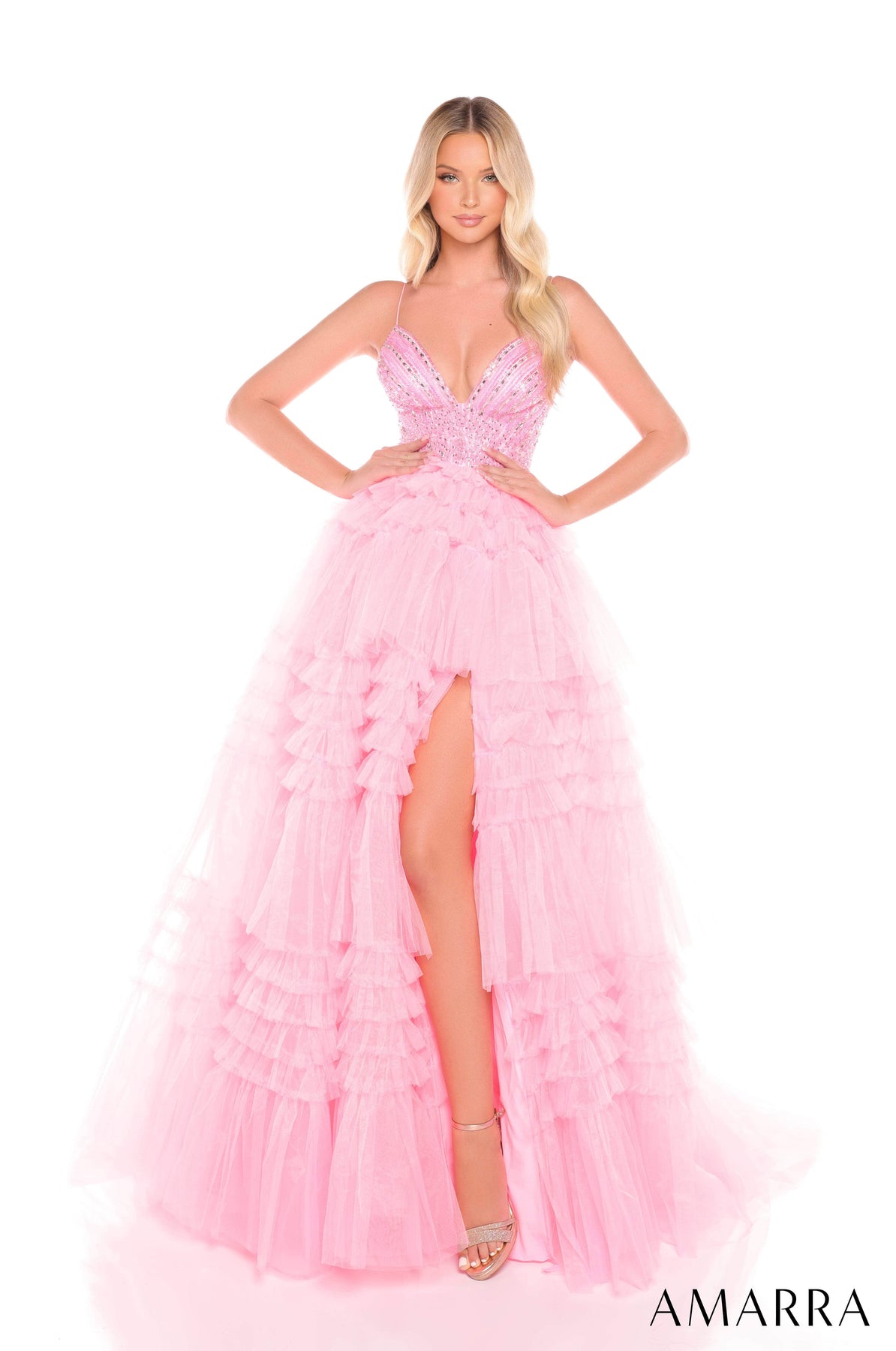 Amarra 88303 - Beaded Sleeveless Tulle Gown Prom Dresses 000 /  Candy Pink