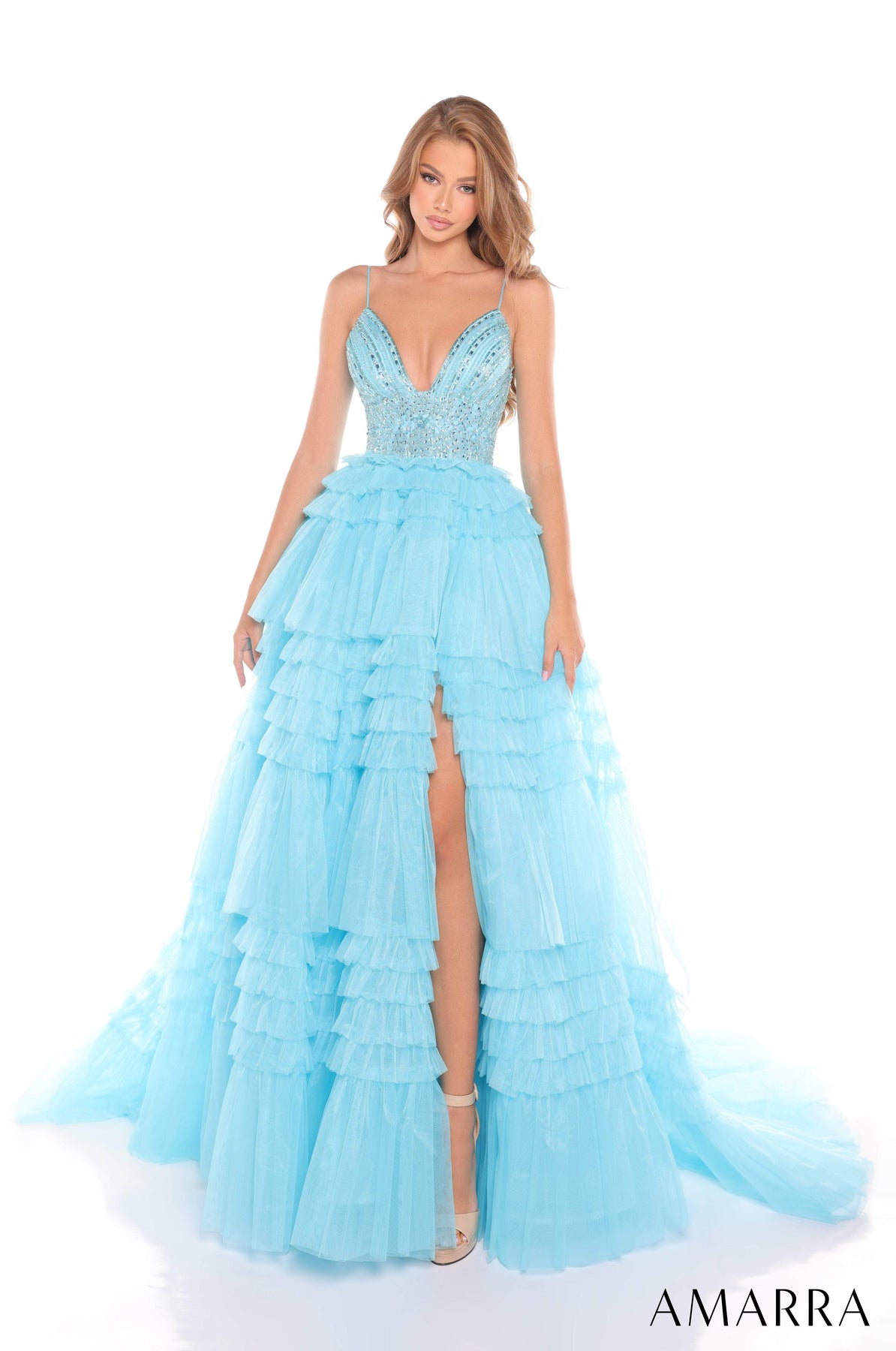 Amarra 88303 - Beaded Sleeveless Tulle Gown Prom Dresses 000 /  Light Blue