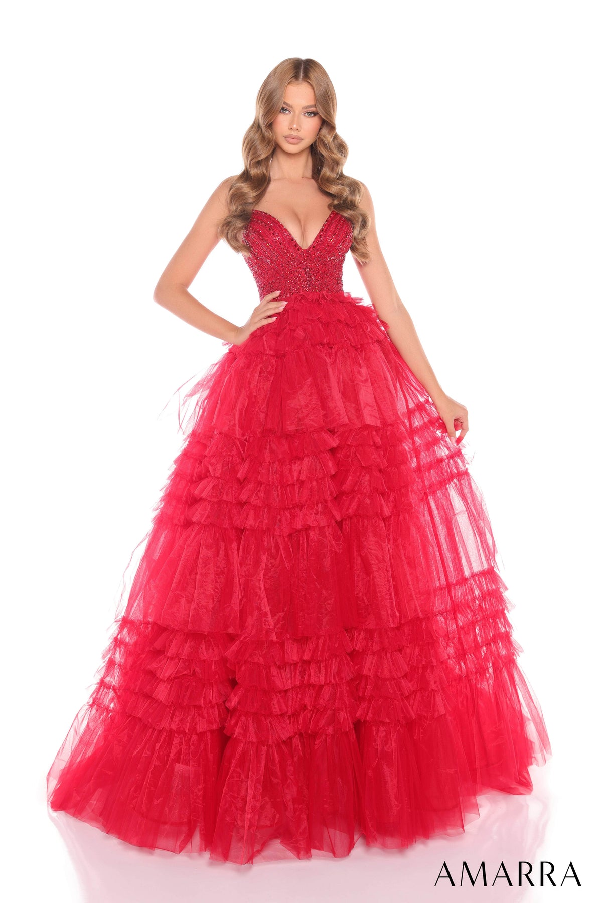 Amarra 88303 - Beaded Sleeveless Tulle Gown Prom Dresses 000 /  Red