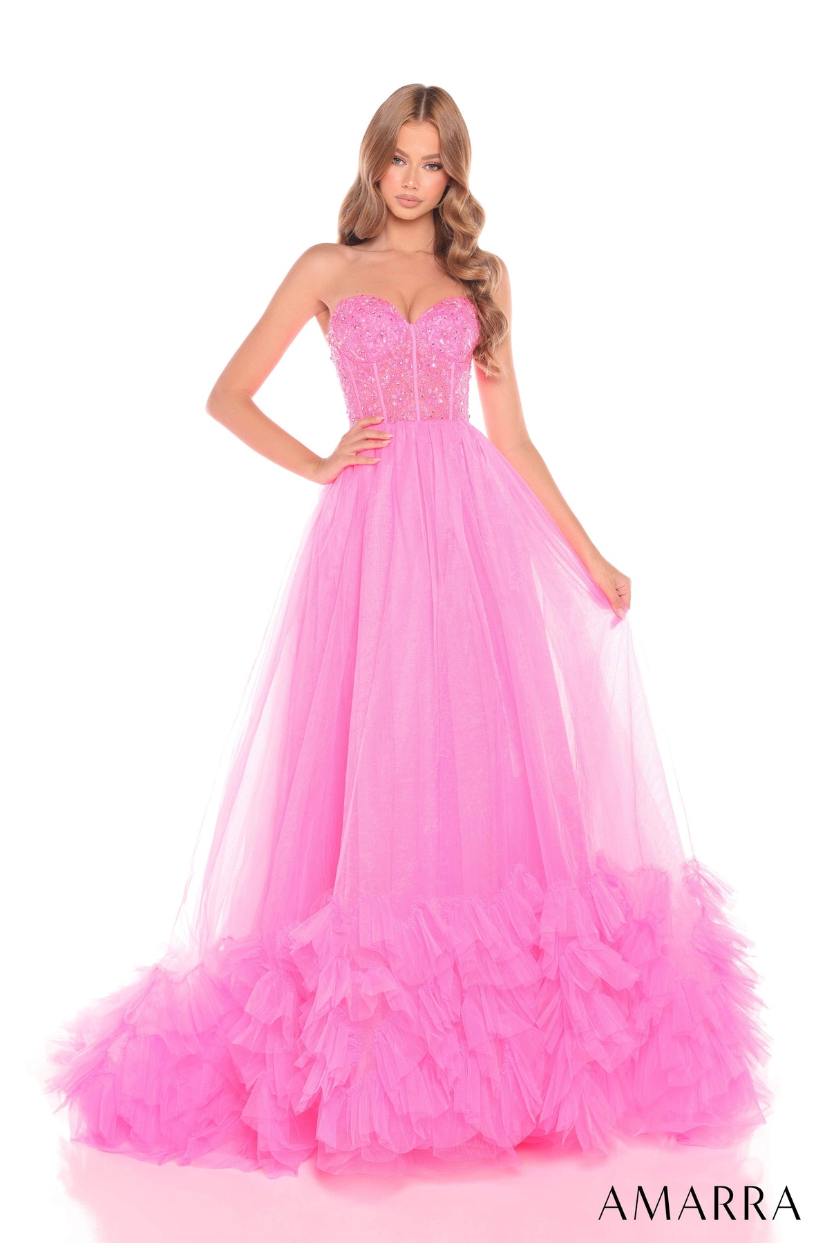 Amarra 88339 - Layered Tulle Gown with Beaded Bodice Ball Gowns 000 /  Hot Pink