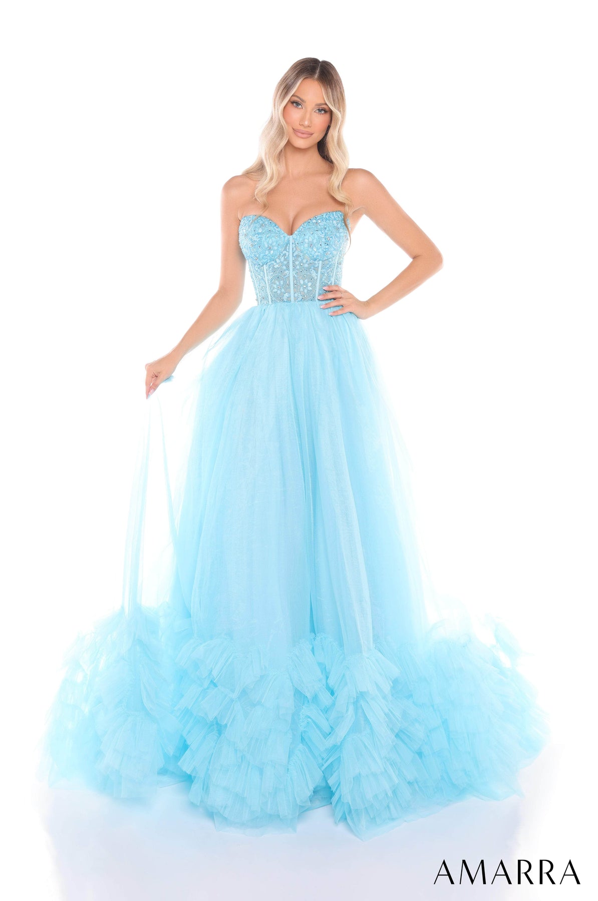 Amarra 88339 - Layered Tulle Gown with Beaded Bodice Ball Gowns 000 /  Light Blue