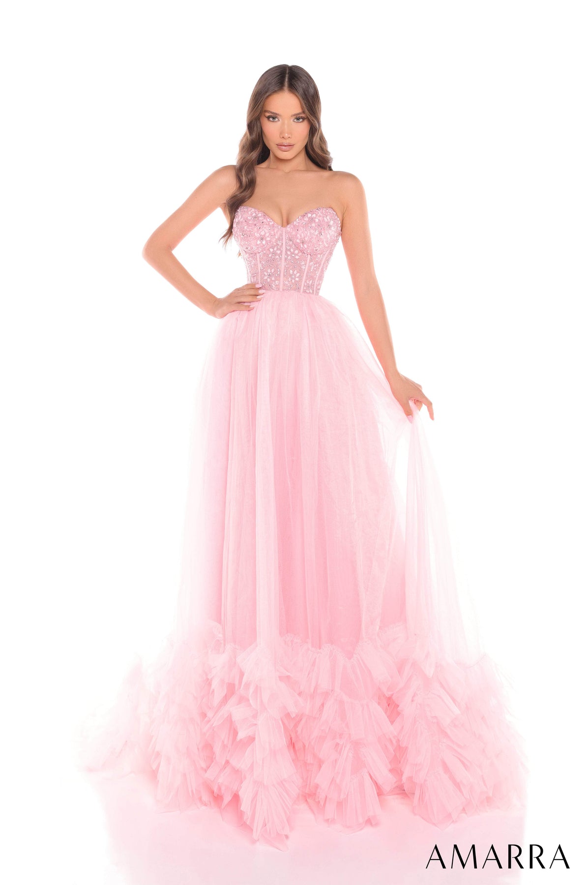 Amarra 88339 - Layered Tulle Gown with Beaded Bodice Ball Gowns 000 /  Light Pink