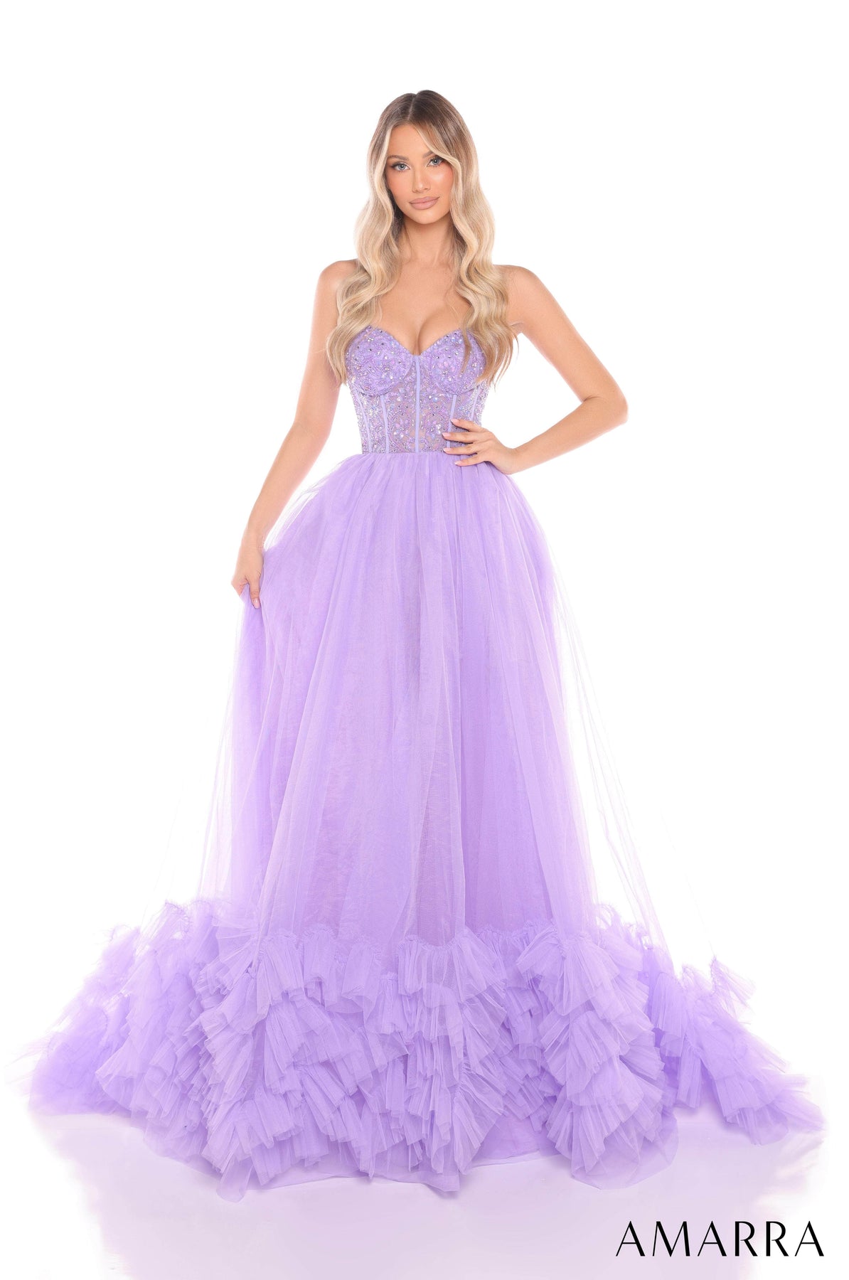 Amarra 88339 - Layered Tulle Gown with Beaded Bodice Ball Gowns 000 /  Lilac
