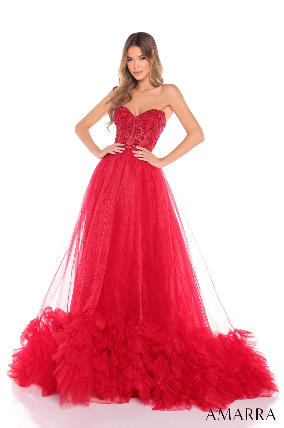 Amarra 88339 - Layered Tulle Gown with Beaded Bodice Ball Gowns 000 /  Red