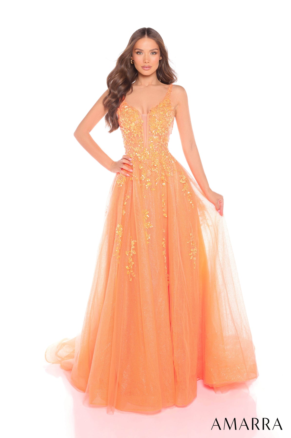 Amarra 88341 - Plunging V-Neck Embellished A-Line Gown Prom Dresses 000 /  Orange