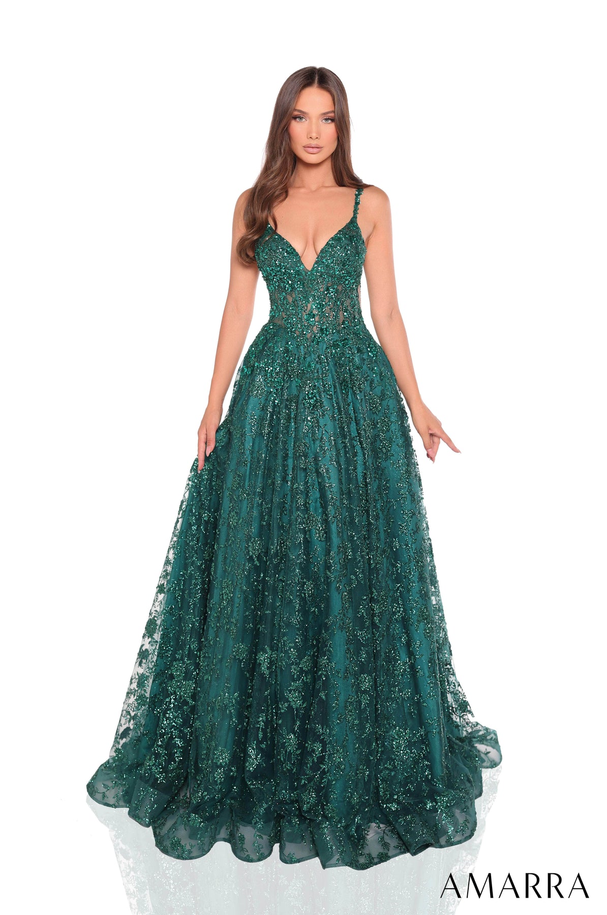 Amarra 88362 - Sleeveless Glitter Tulle Ballgown Prom Dresses 000 /  Emerald