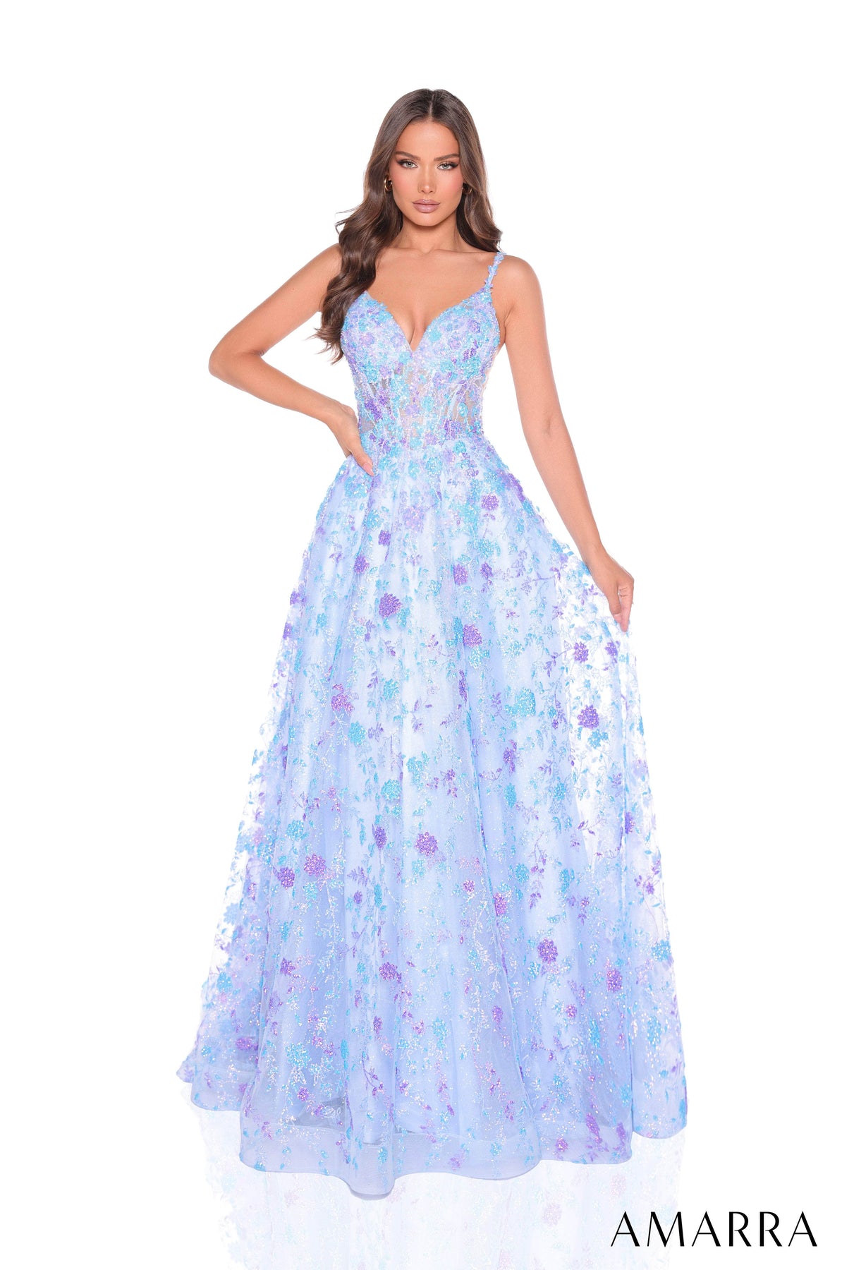 Amarra 88362 - Sleeveless Glitter Tulle Ballgown Prom Dresses 000 /  Light Blue/Lilac